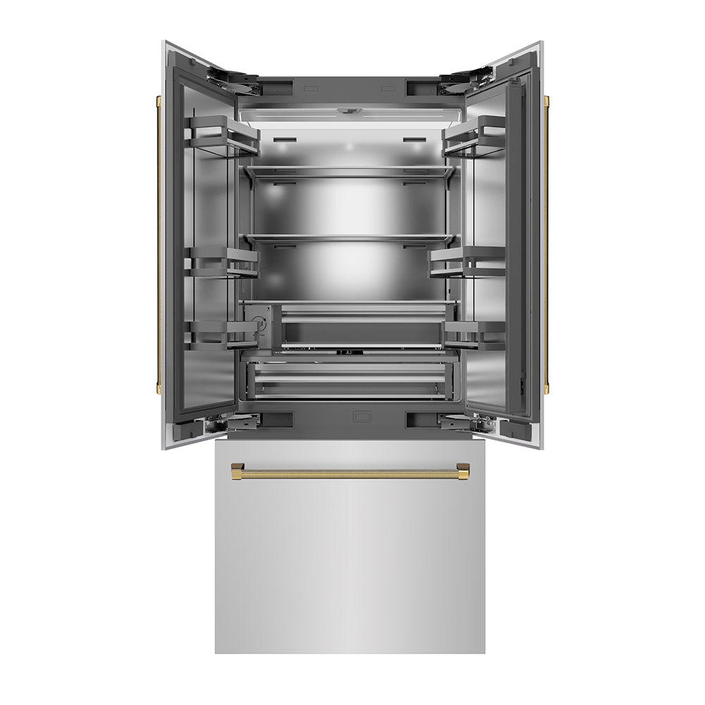 ZLINE Autograph Edition 36 in. 19.6 cu. ft. French Door Built-In Bottom Freezer Refrigerator with Water Dispenser and Ice Maker in Stainless Steel with Stainless Steel Interior and Polished Gold Helix Handles (SRBIVZ-30436KG)
