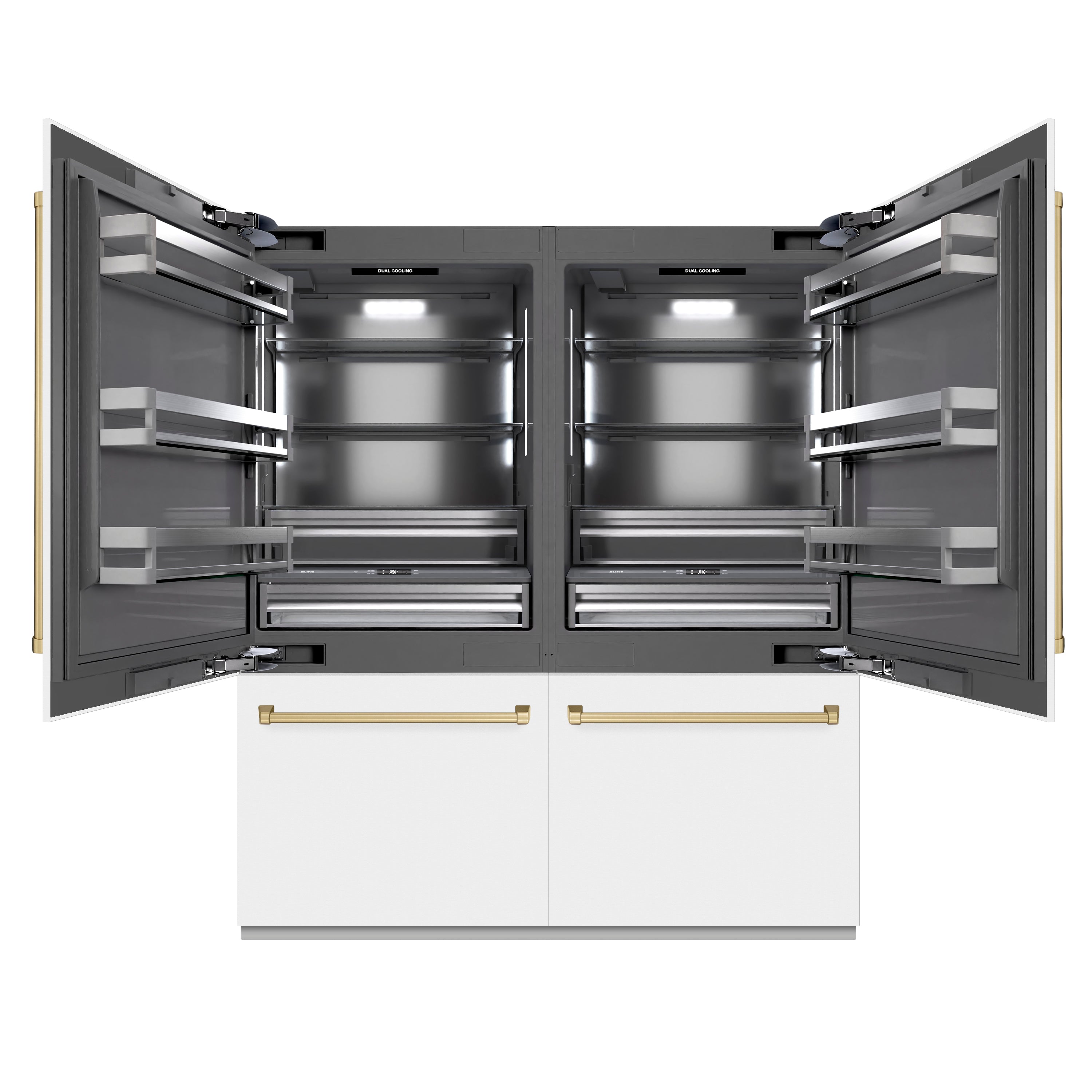 ZLINE Autograph Edition 72 in. 39.6 cu. ft. French Door Built-In Bottom Freezer Refrigerator with Water Dispensers and Ice Makers in White Matte with Graphite Gray Interior and Champagne Bronze Accents (GRBITZ-WM-72-CB)
