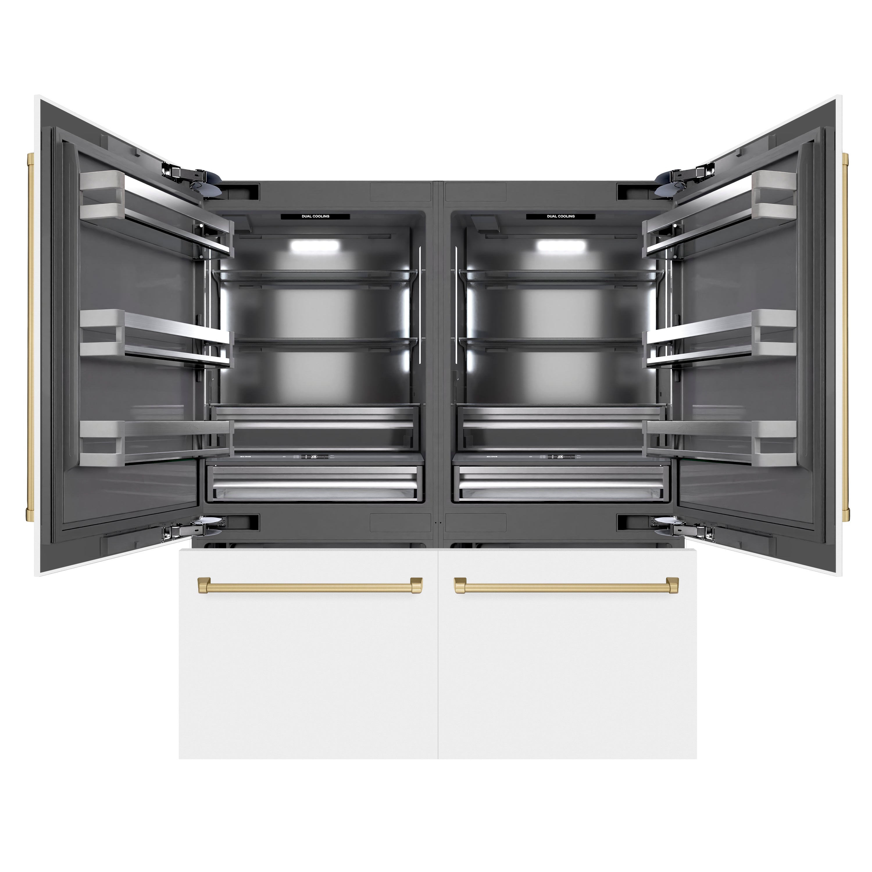 ZLINE Autograph Edition 72 in. 39.6 cu. ft. French Door Built-In Bottom Freezer Refrigerator with Water Dispensers and Ice Makers in White Matte with Graphite Gray Interior and Champagne Bronze Accents (GRBITZ-WM-72-CB)