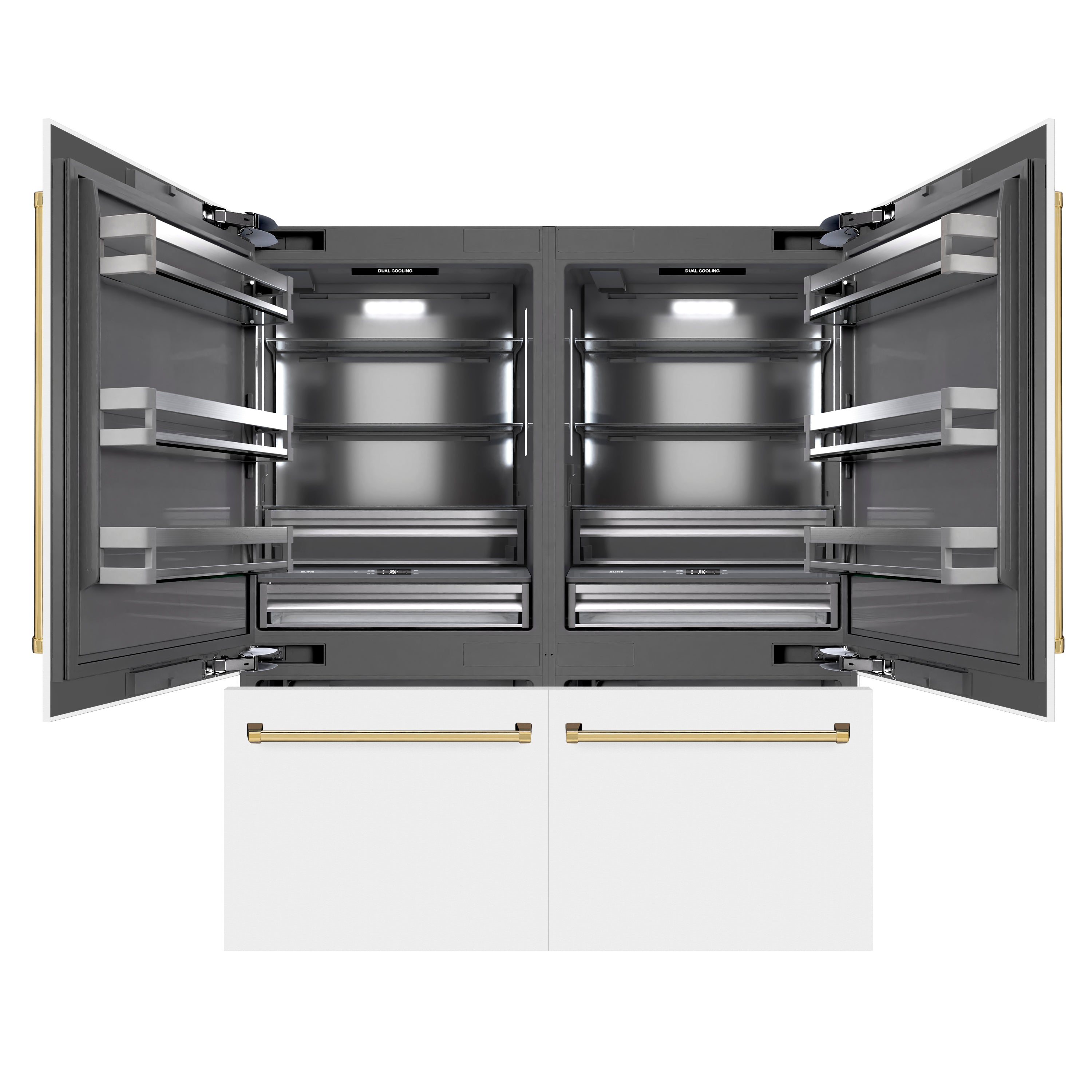 ZLINE Autograph Edition 72 in. 39.6 cu. ft. French Door Built-In Bottom Freezer Refrigerator with Water Dispensers and Ice Makers in White Matte with Graphite Gray Interior and Polished Gold Accents (GRBITZ-WM-72-G)