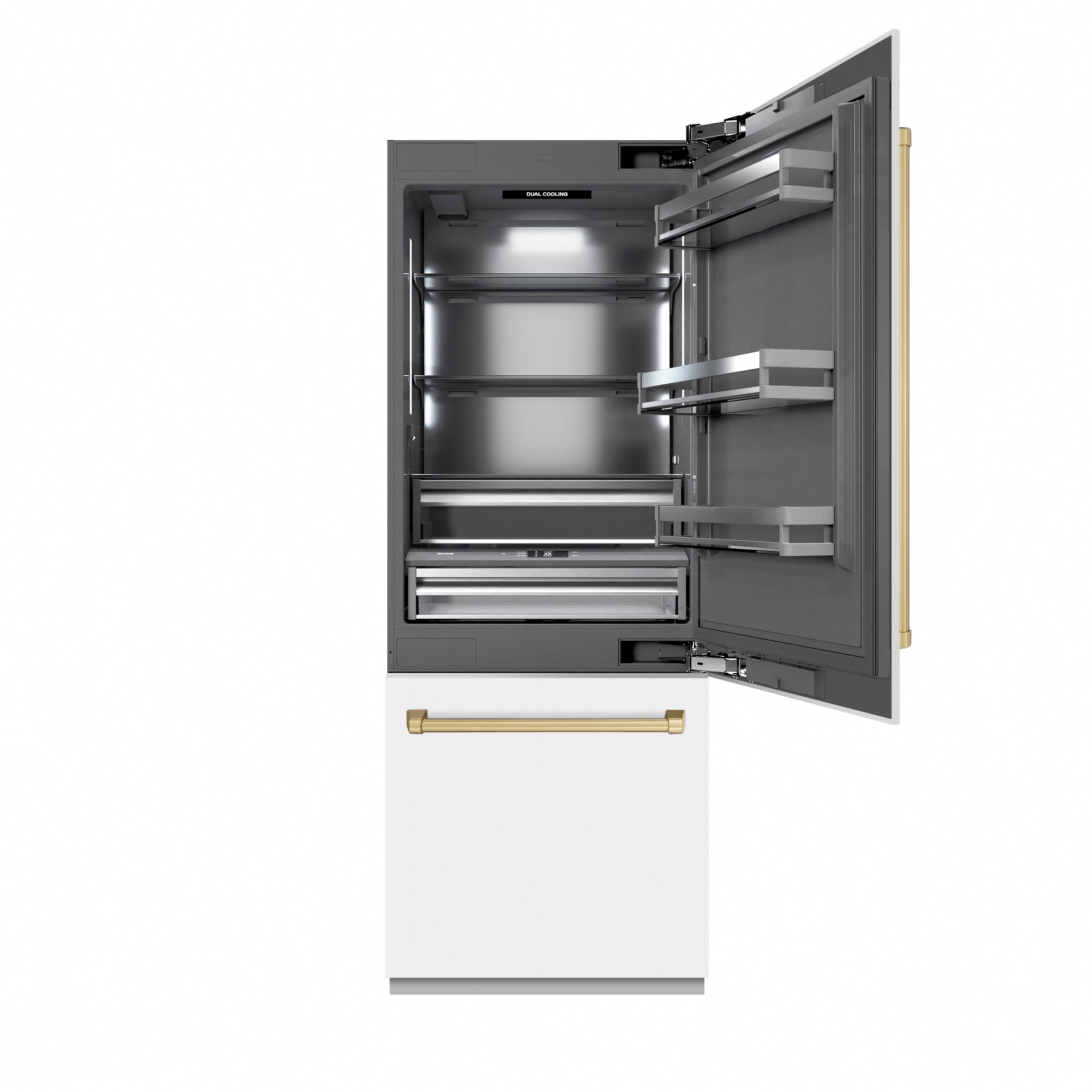 ZLINE Autograph Edition 30 in. 16.1 cu. ft. Built-In Bottom Freezer Refrigerator with Water Dispenser and Ice Maker in White Matte with Graphite Gray Interior and Champagne Bronze Accents (GRBIVZ-WM-30-CB)