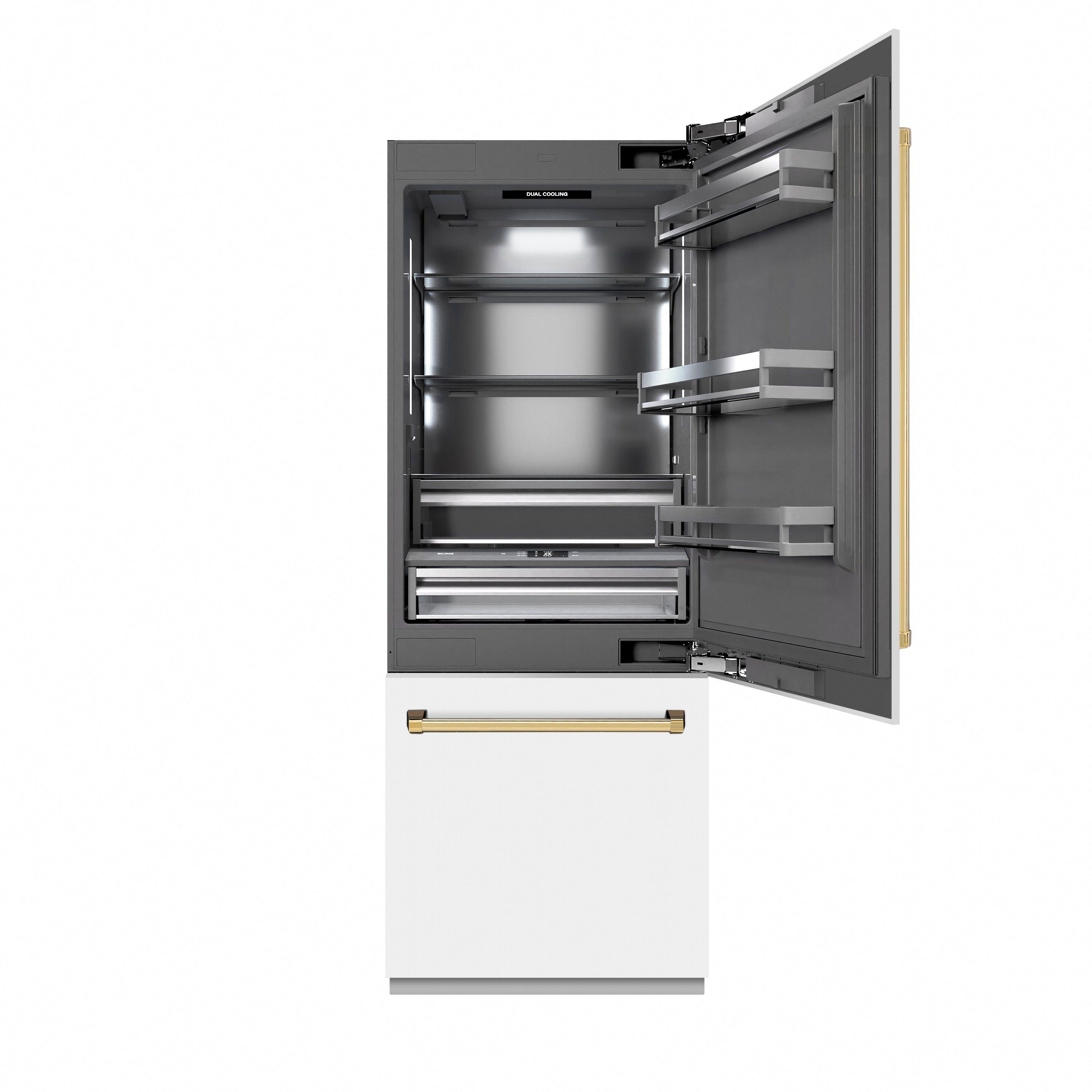 ZLINE Autograph Edition 30 in. 16.1 cu. ft. Built-In Bottom Freezer Refrigerator with Water Dispenser and Ice Maker in White Matte with Graphite Gray Interior and Polished Gold Accents (GRBIVZ-WM-30-G)