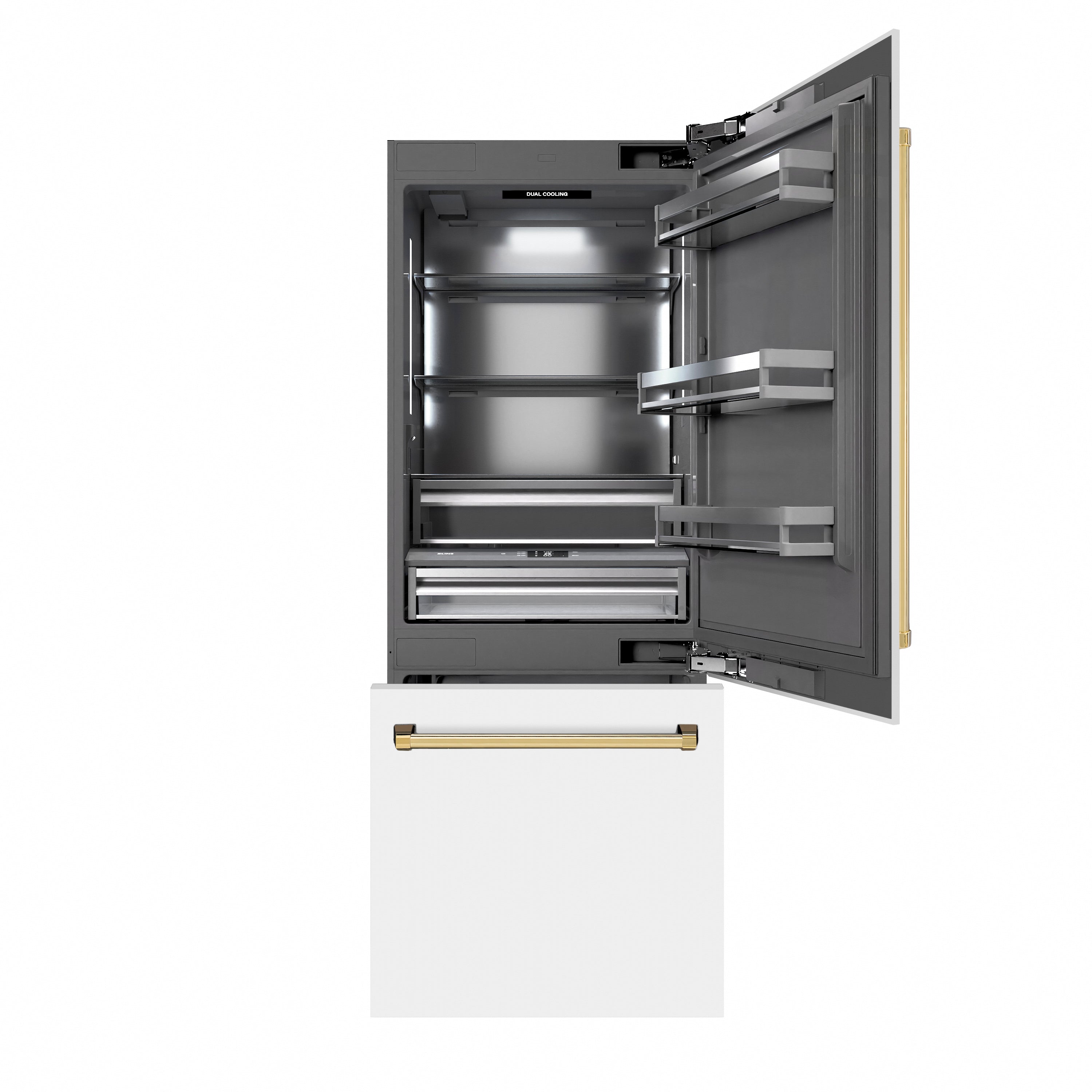 ZLINE Autograph Edition 30 in. 16.1 cu. ft. Built-In Bottom Freezer Refrigerator with Water Dispenser and Ice Maker in White Matte with Graphite Gray Interior and Polished Gold Accents (GRBIVZ-WM-30-G)