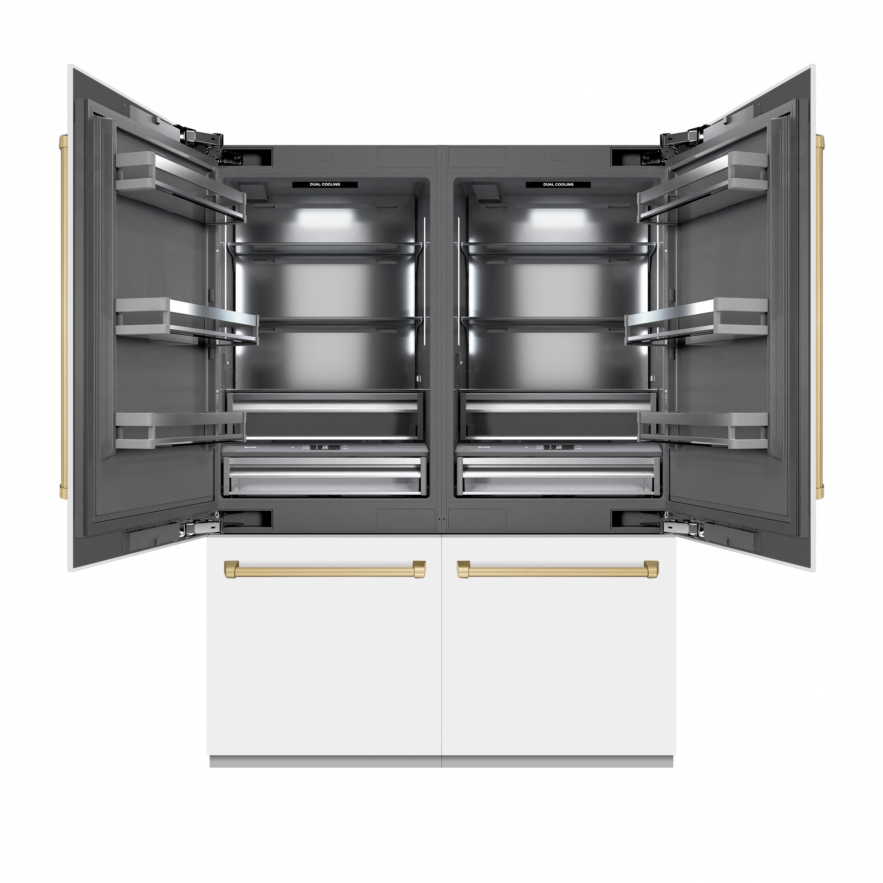 ZLINE Autograph Edition 60 in. 32.2 cu. ft. French Door Built-In Bottom Freezer Refrigerator with Water Dispenser and Ice Maker in White Matte with Graphite Gray Interior and Champagne Bronze Accents (GRBIVZ-WM-60-CB)