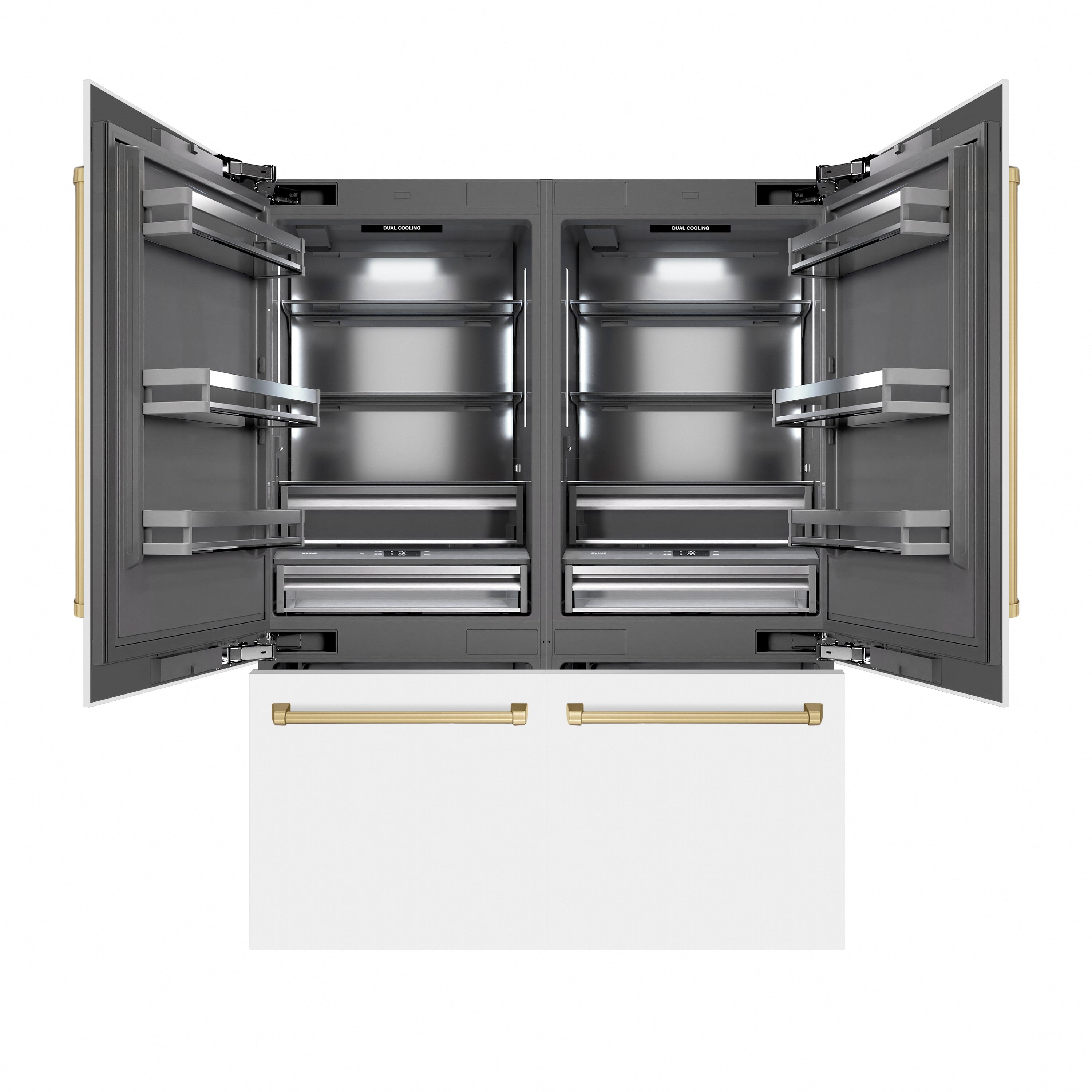 ZLINE Autograph Edition 60 in. 32.2 cu. ft. French Door Built-In Bottom Freezer Refrigerator with Water Dispenser and Ice Maker in White Matte with Graphite Gray Interior and Champagne Bronze Accents (GRBIVZ-WM-60-CB)