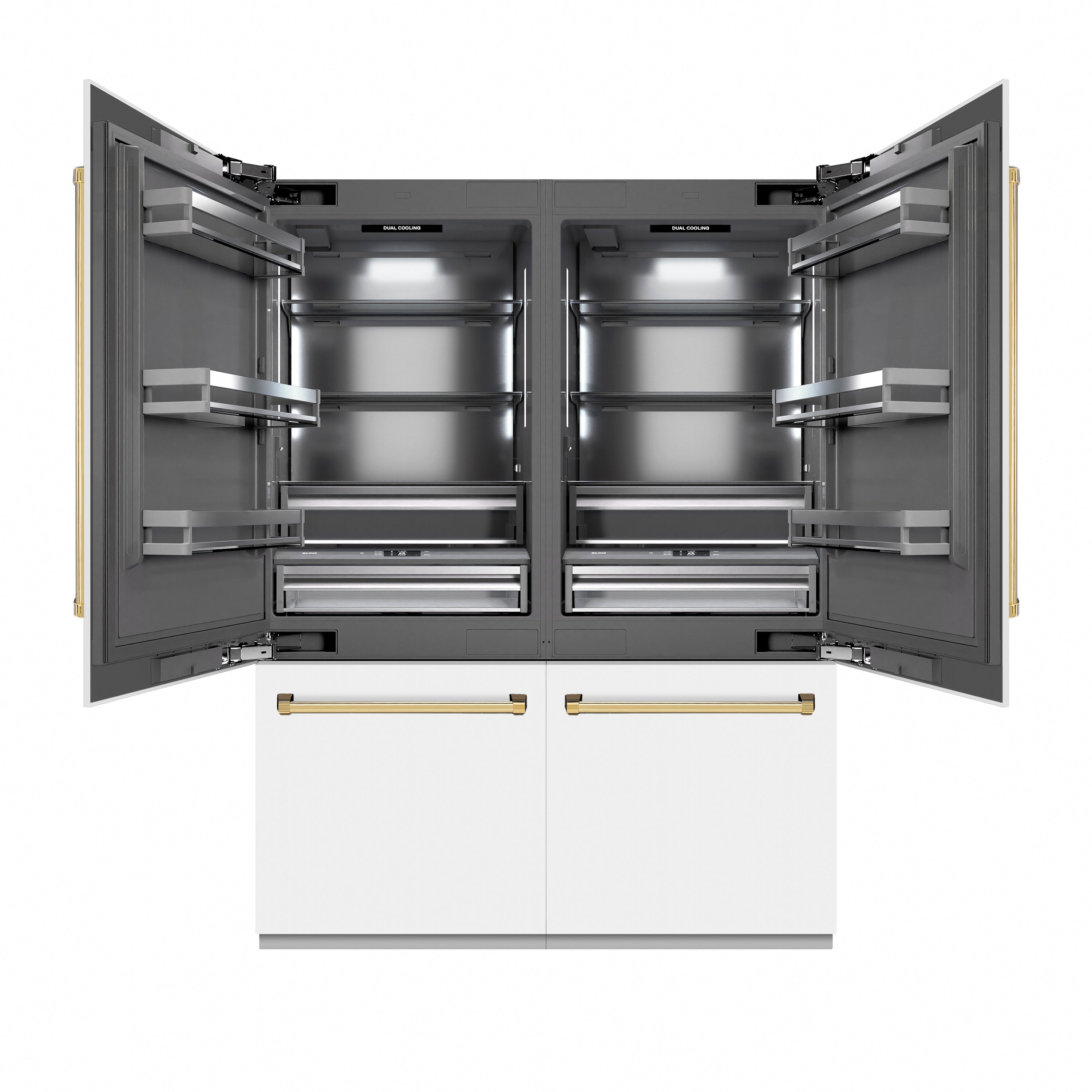 ZLINE Autograph Edition 60 in. 32.2 cu. ft. French Door Built-In Bottom Freezer Refrigerator with Water Dispenser and Ice Maker in White Matte with Graphite Gray Interior and Polished Gold Accents (GRBIVZ-WM-60-G)