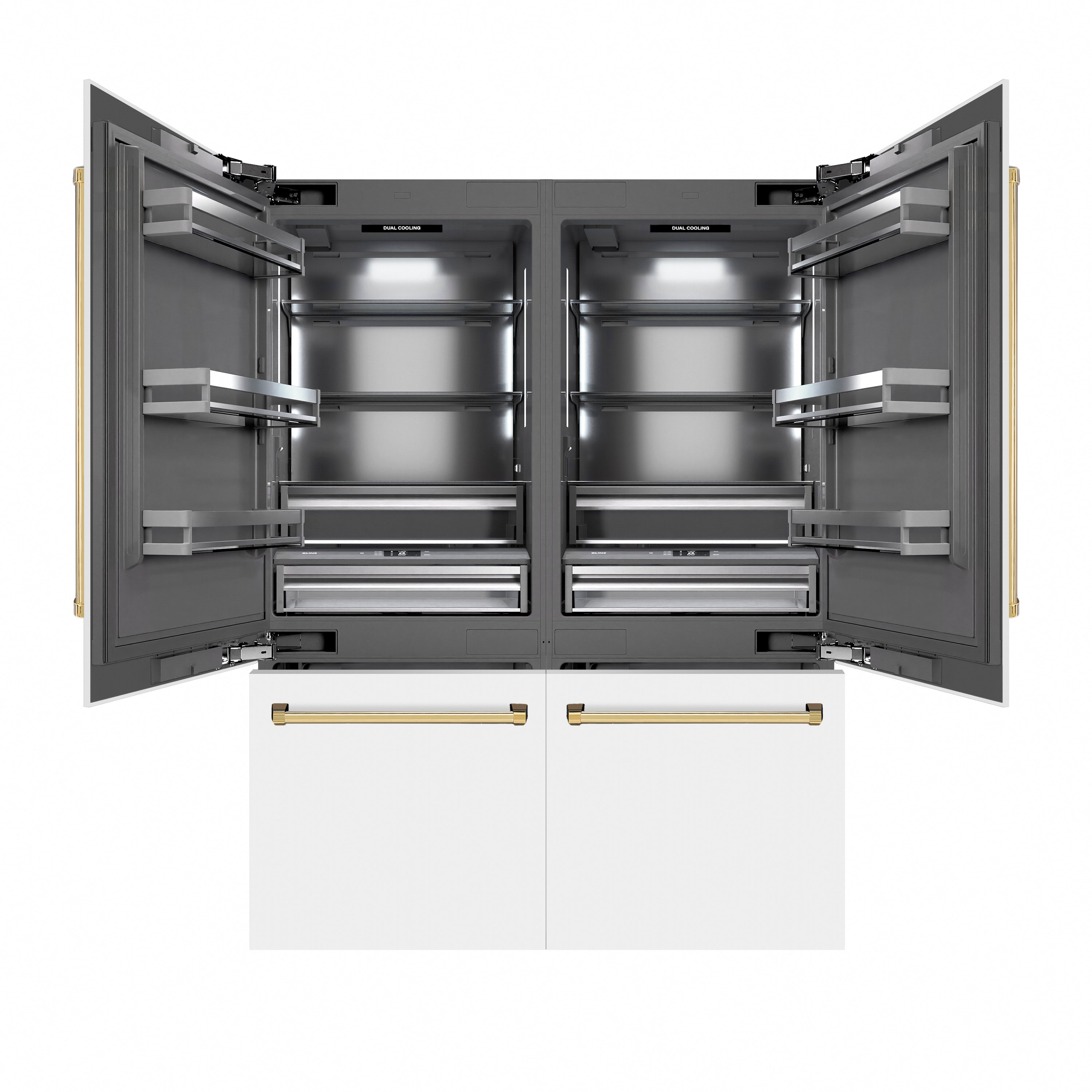 ZLINE Autograph Edition 60 in. 32.2 cu. ft. French Door Built-In Bottom Freezer Refrigerator with Water Dispenser and Ice Maker in White Matte with Graphite Gray Interior and Polished Gold Accents (GRBIVZ-WM-60-G)