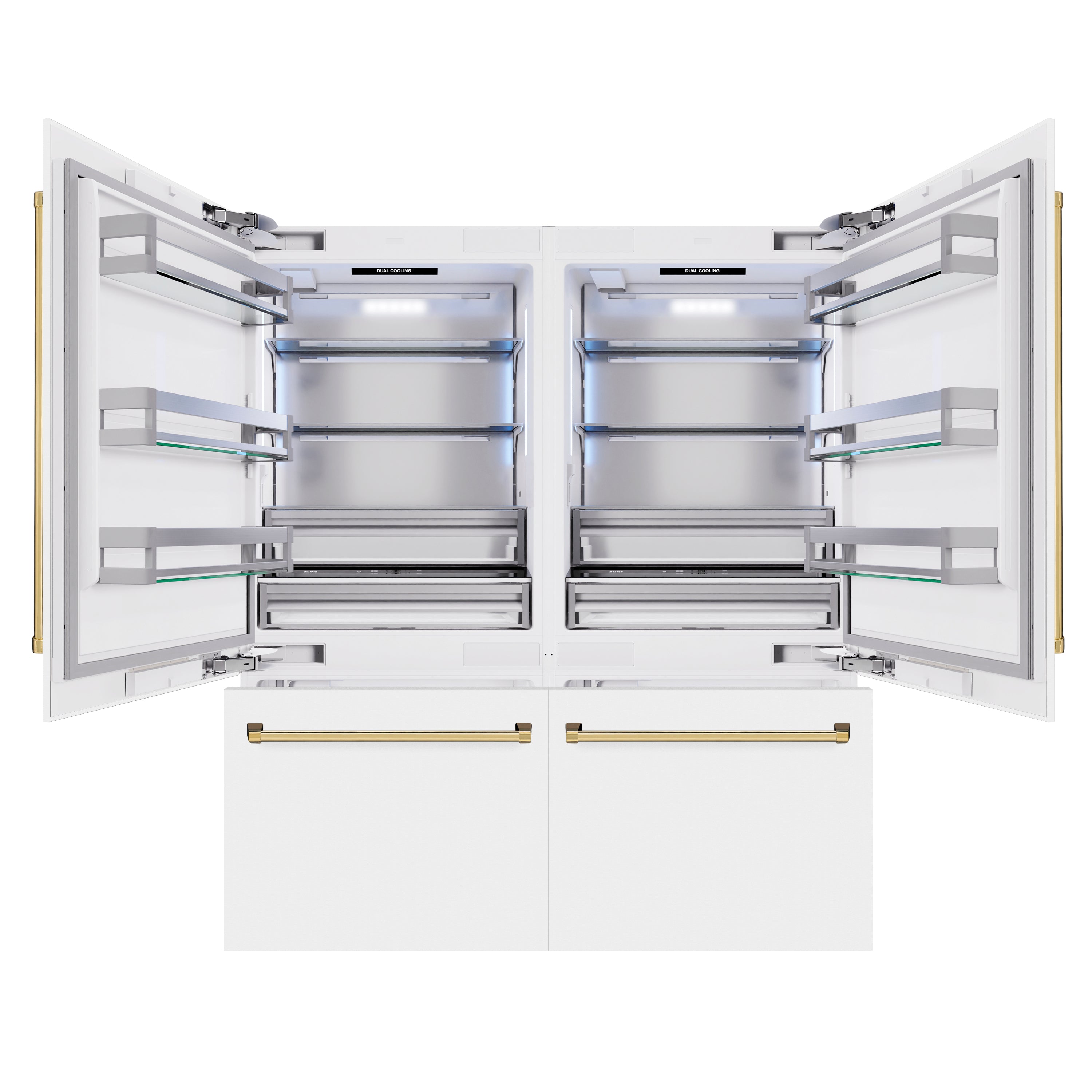 ZLINE Autograph Edition 72 in. 39.6 cu. ft. French Door Built-In Bottom Freezer Refrigerator with Water Dispensers and Ice Makers in White Matte and Polished Gold Accents (RBITZ-WM-72-G)