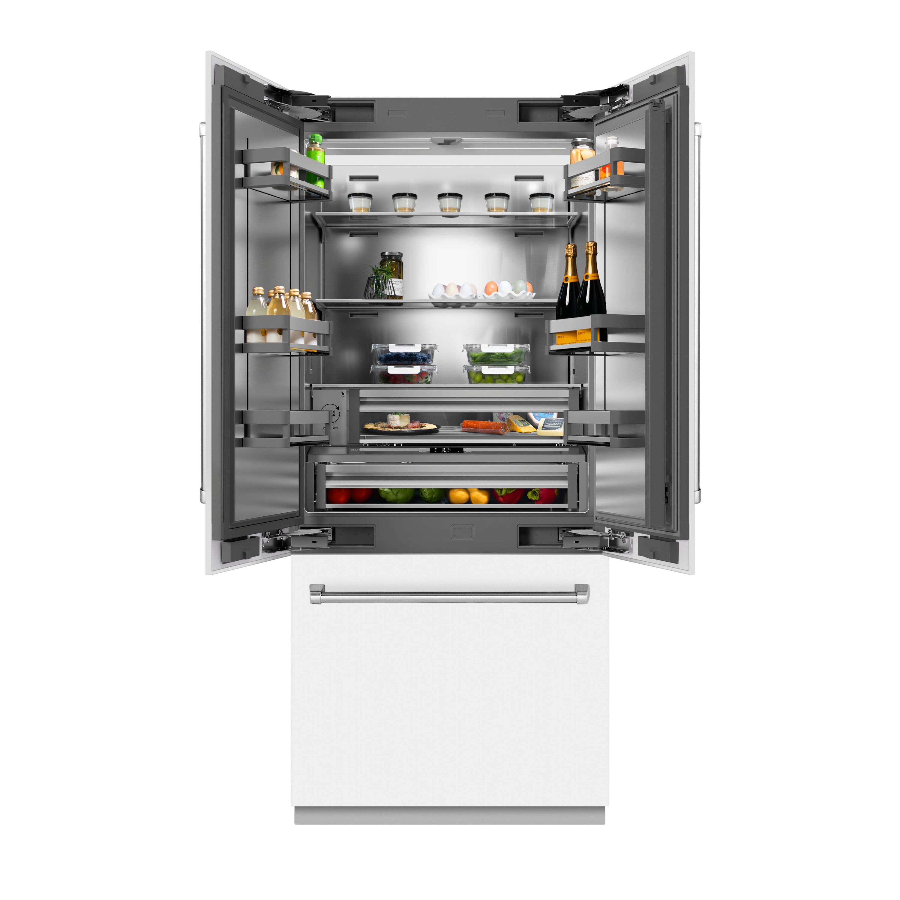 ZLINE 36 in. 19.6 cu. ft. French Door Built-In Bottom Freezer Refrigerator with Water Dispenser and Ice Maker in White Matte with Stainless Steel Interior (SRBIV-WM-36)