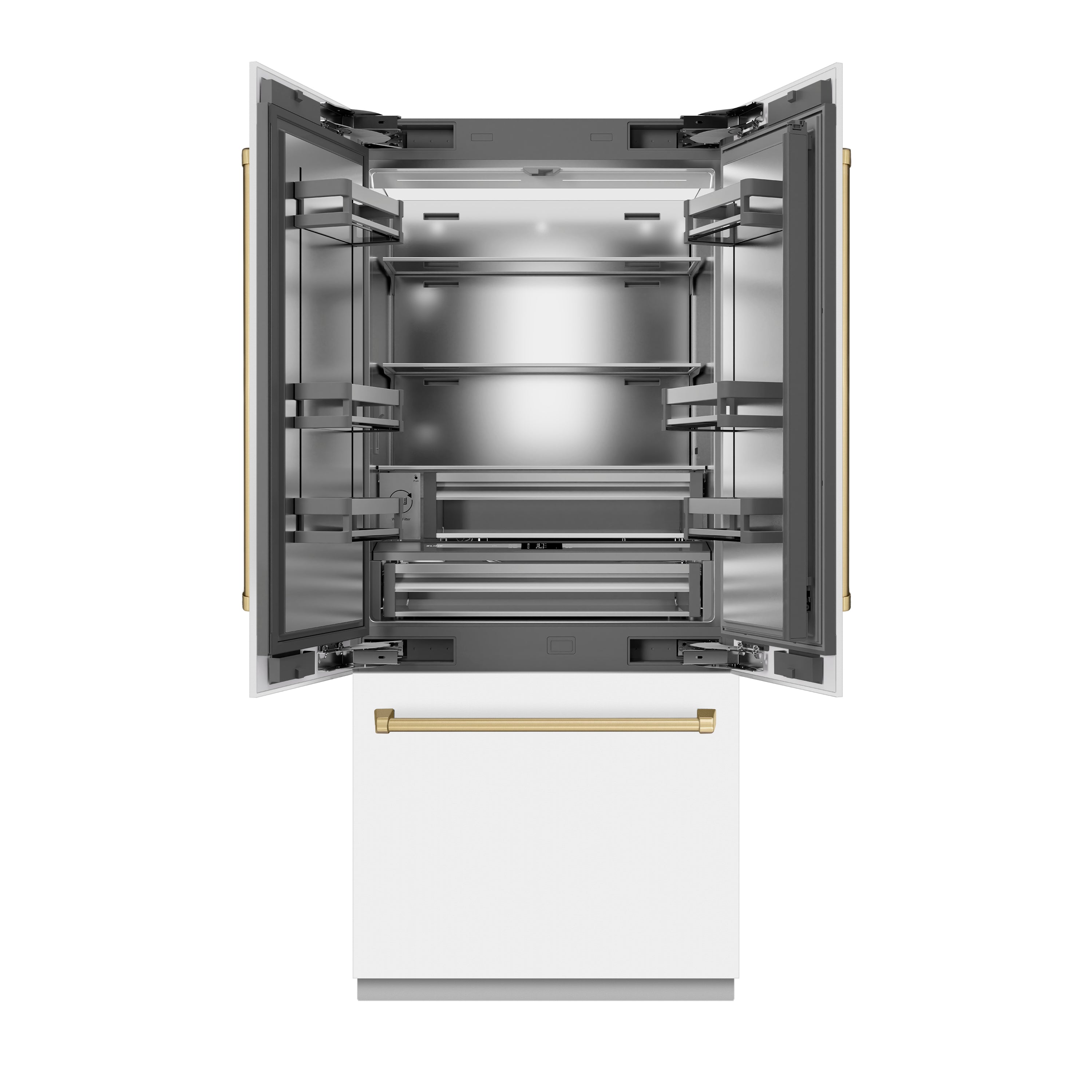 ZLINE Autograph Edition 36 in. 19.6 cu. ft. French Door Built-In Bottom Freezer Refrigerator with Water Dispenser and Ice Maker in White Matte with Stainless Steel Interior and Polished Gold Accents (SRBIVZ-WM-36-G)