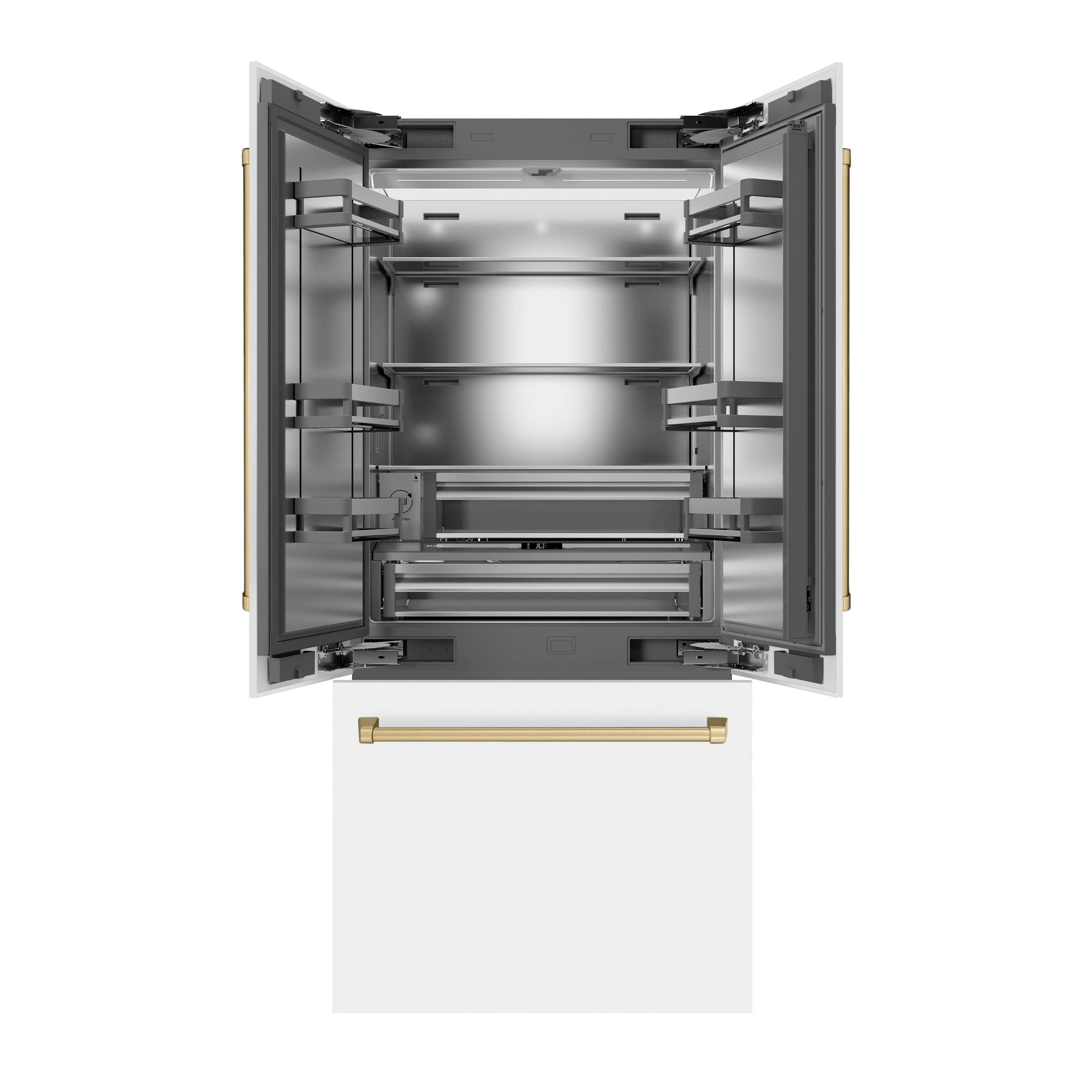ZLINE Autograph Edition 36 in. 19.6 cu. ft. French Door Built-In Bottom Freezer Refrigerator with Water Dispenser and Ice Maker in White Matte with Stainless Steel Interior and Champagne Bronze Accents (SRBIVZ-WM-36-CB)