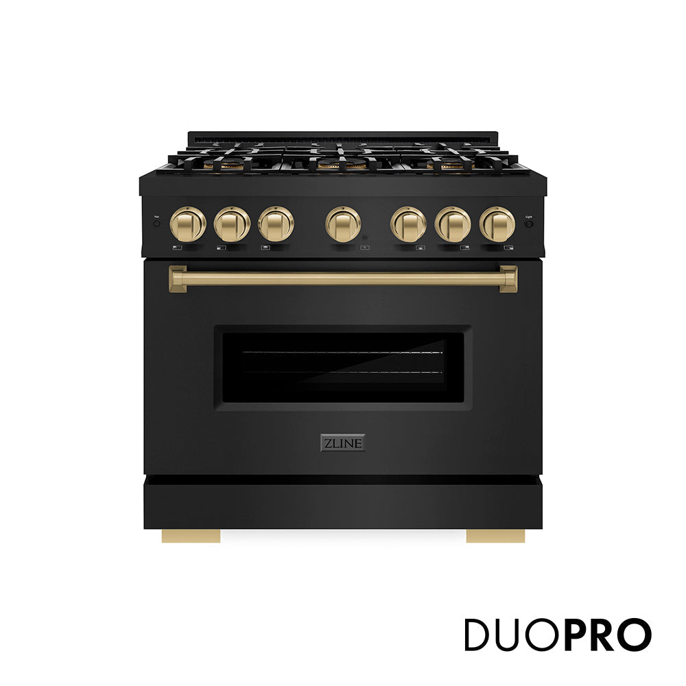 ZLINE Autograph Edition 36 in. 5.2 cu. ft. Classic Dual Fuel Range with 6 Burner DuoPro™ Cooktop and Electric Convection Oven in Satin Stainless Steel and Champagne Bronze Accents (PCDRSZ-36-CB)