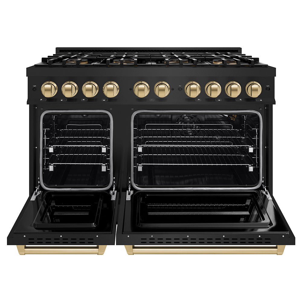 ZLINE Autograph Edition 48 in. 6.7 cu. ft. Classic Gas Range with 8 Burner DuoPro™ Cooktop and Dual Ovens in Black Stainless Steel and Champagne Bronze Accents (PCGRBZ-48-CB)