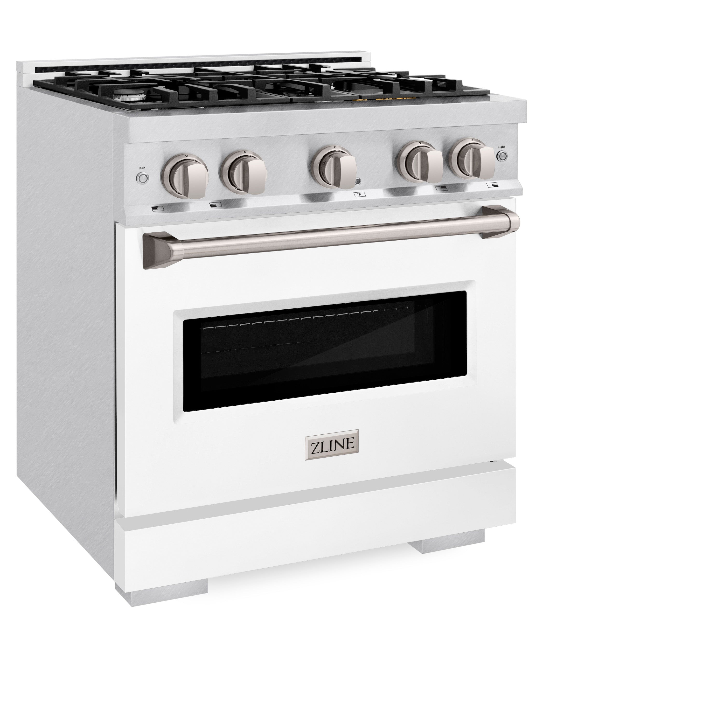 ZLINE 30 in. 4.2 cu. ft. Classic Dual Fuel Range with 4 Burner Gas Cooktop and Electric Convection Oven in Satin Stainless Steel with White Matte Door (CDRS-WM-30)