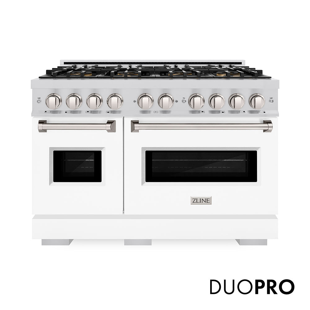 ZLINE 48 in. 6.7 cu. ft. Classic Dual Fuel Range with 8 Burner DuoPro™ Cooktop and Dual Ovens in Satin Stainless Steel with White Matte Doors (PCDRS-WM-48)