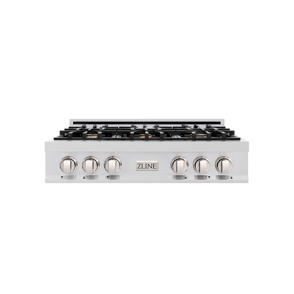 ZLINE 36 in. Classic Gas Rangetop with 6 Brass Burners and Porcelain Cooktop in Stainless Steel with Griddle (RT-BR-GR-36)
