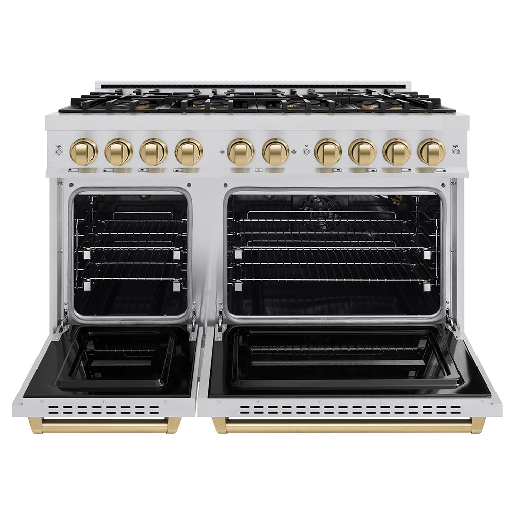 ZLINE Autograph Edition 48 in. 6.7 cu. ft. Classic Gas Range with 8 Burner DuoPro™ Cooktop and Dual Ovens in Stainless Steel and Champagne Bronze Accents (PCGRZ-48-CB)