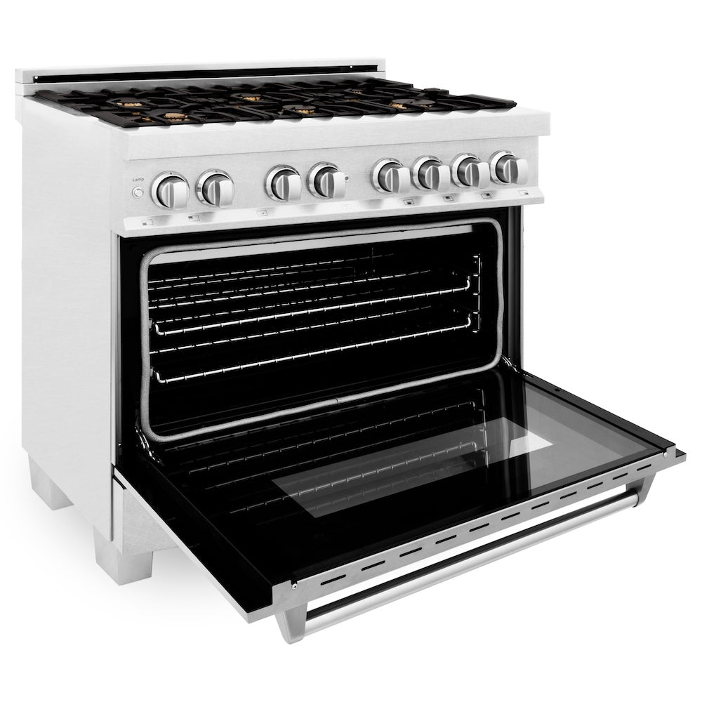 ZLINE 36 in. 4.6 cu. ft. Legacy Dual Fuel Range with Gas Cooktop and Electric Convection Oven in Satin Stainless Steel with 6 Brass Burners (RAS-SN-BR-36)