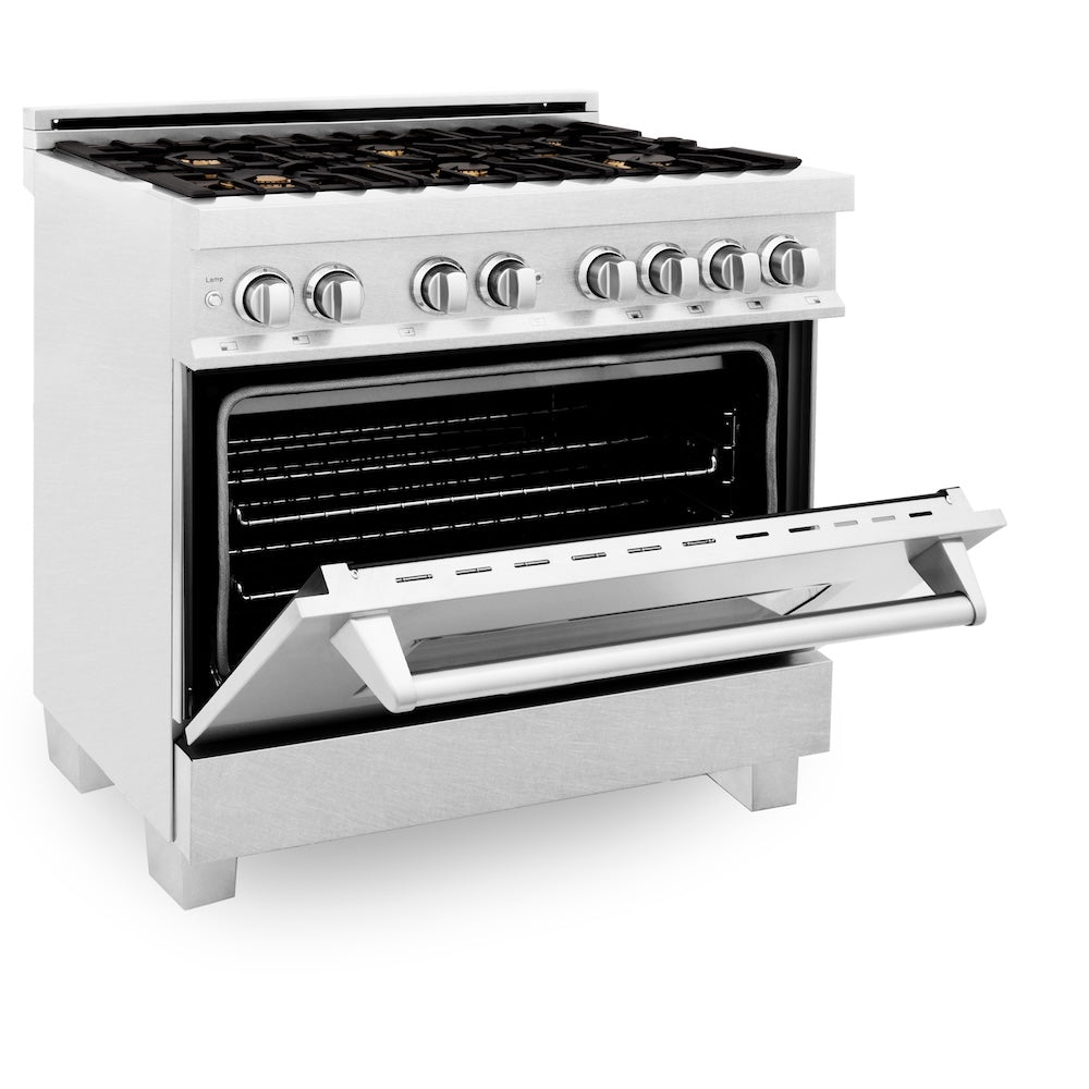 ZLINE 36 in. 4.6 cu. ft. Legacy Dual Fuel Range with Gas Cooktop and Electric Convection Oven in Satin Stainless Steel with 6 Brass Burners (RAS-SN-BR-36)