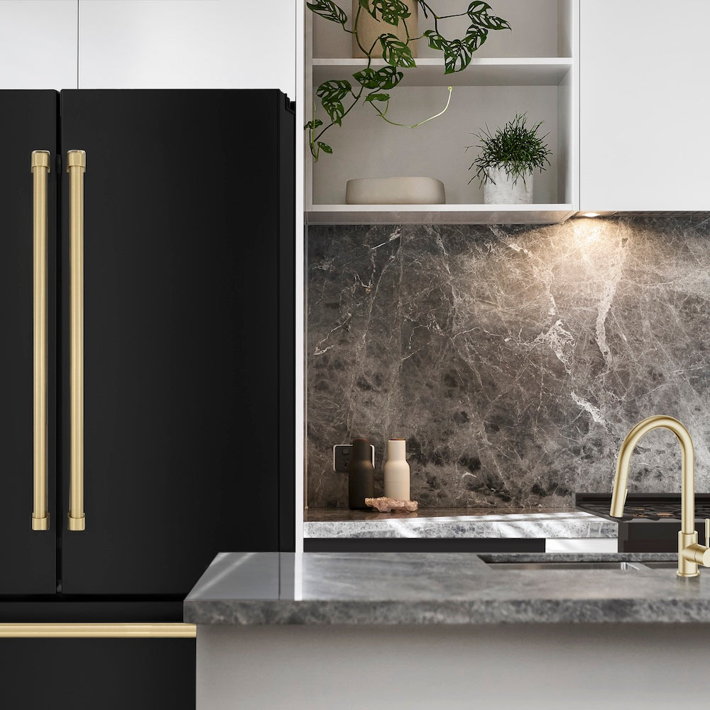 ZLINE Autograph Edition 36 in. 22.5 cu. ft. Counter-Depth French Door Refrigerator with Ice Maker in Fingerprint-Resistant Black Stainless Steel and Champagne Bronze Traditional Handles (RFMZ-36-BS-CB)