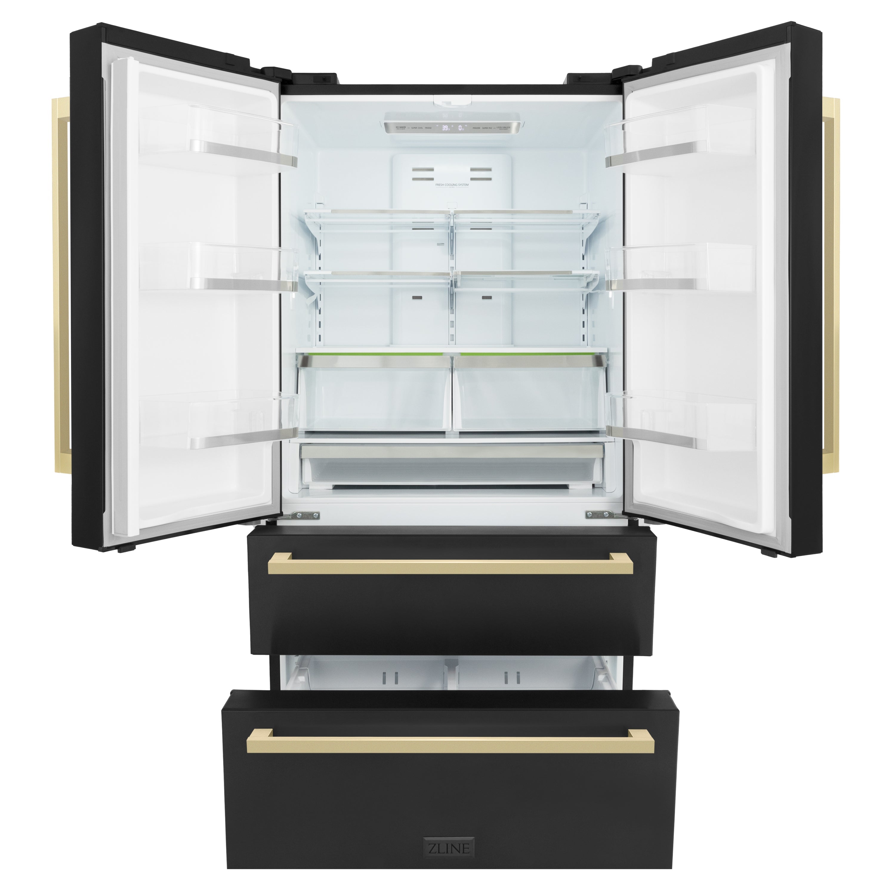 ZLINE Autograph Edition 36 in. 22.5 cu. ft. Counter-Depth French Door Refrigerator with Ice Maker in Fingerprint-Resistant Black Stainless Steel and Champagne Bronze Modern Handles (RFMZ-36-BS-FCB)