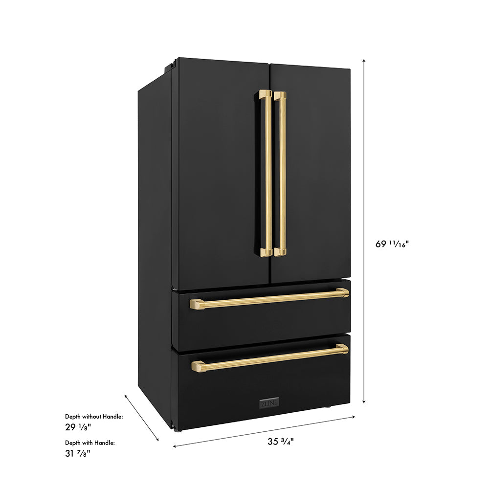 ZLINE Autograph Edition 36 in. 22.5 cu. ft. Counter-Depth French Door Refrigerator with Ice Maker in Fingerprint-Resistant Black Stainless Steel with Polished Gold Traditional Handles (RFMZ-36-BS-G)