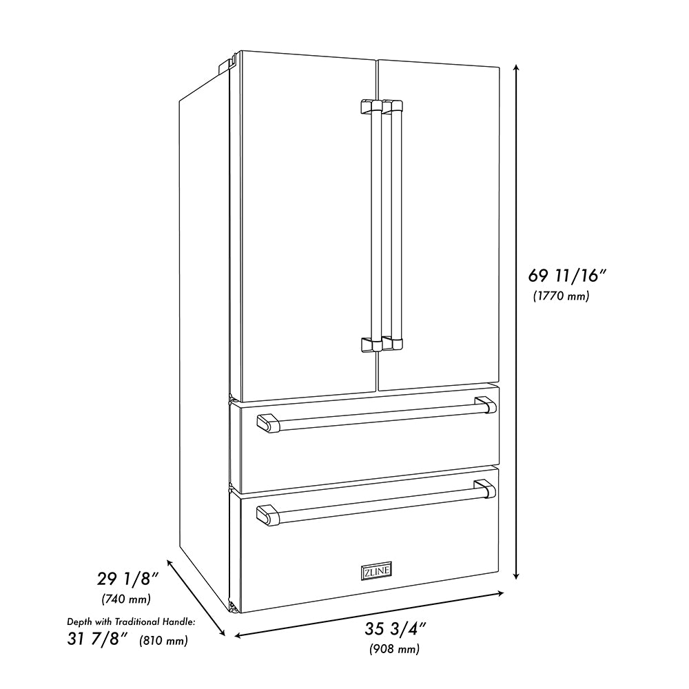 ZLINE Autograph Edition 36 in. 22.5 cu. ft. Counter-Depth French Door Refrigerator with Ice Maker in Fingerprint-Resistant Black Stainless Steel and Champagne Bronze Helix Handles (RFMZ-36-BS-KCB)