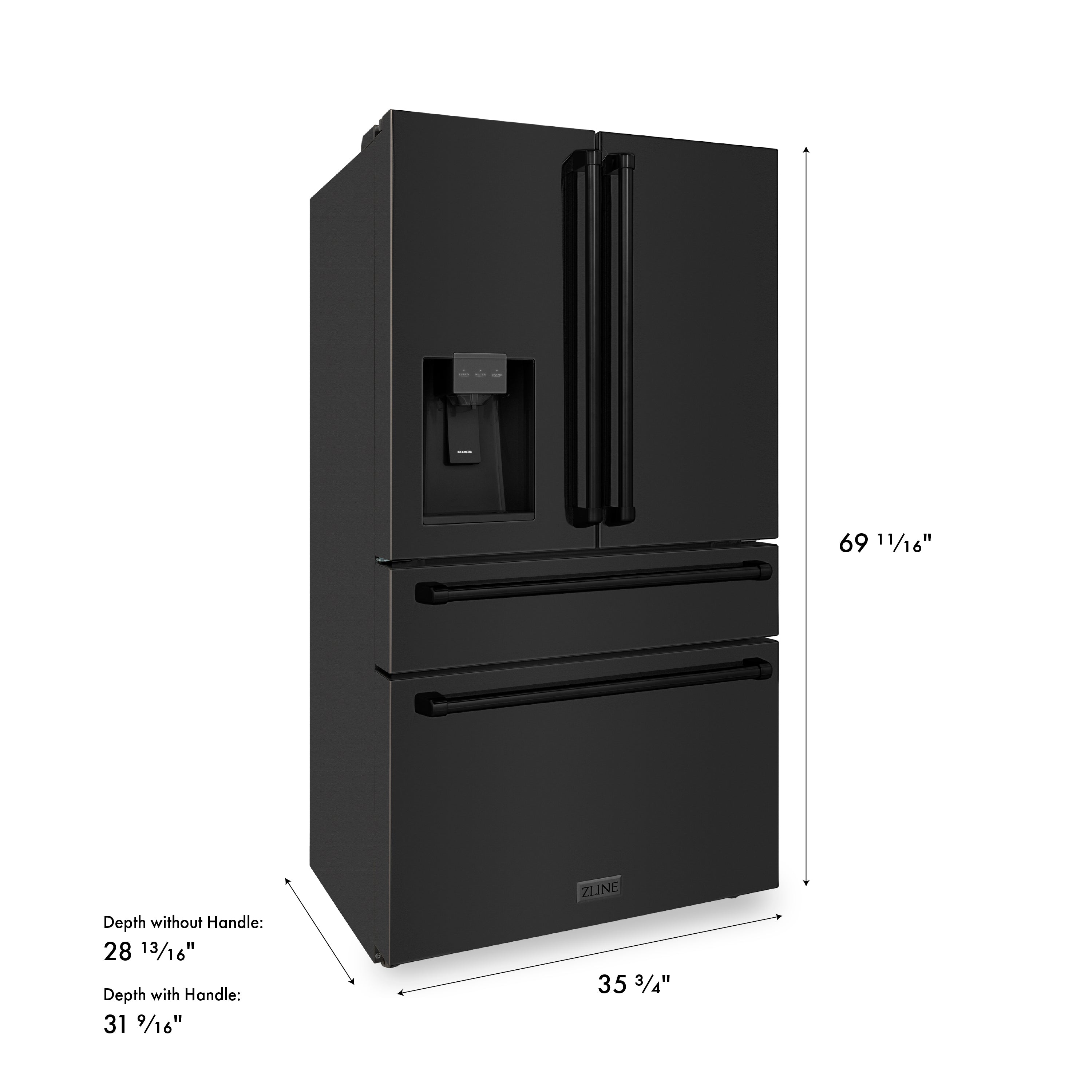 ZLINE 36 in. 21.6 cu. ft. Counter-Depth French Door Refrigerator with Water and Ice Dispenser in Fingerprint-Resistant Black Stainless Steel (RFM-W-36-BS)