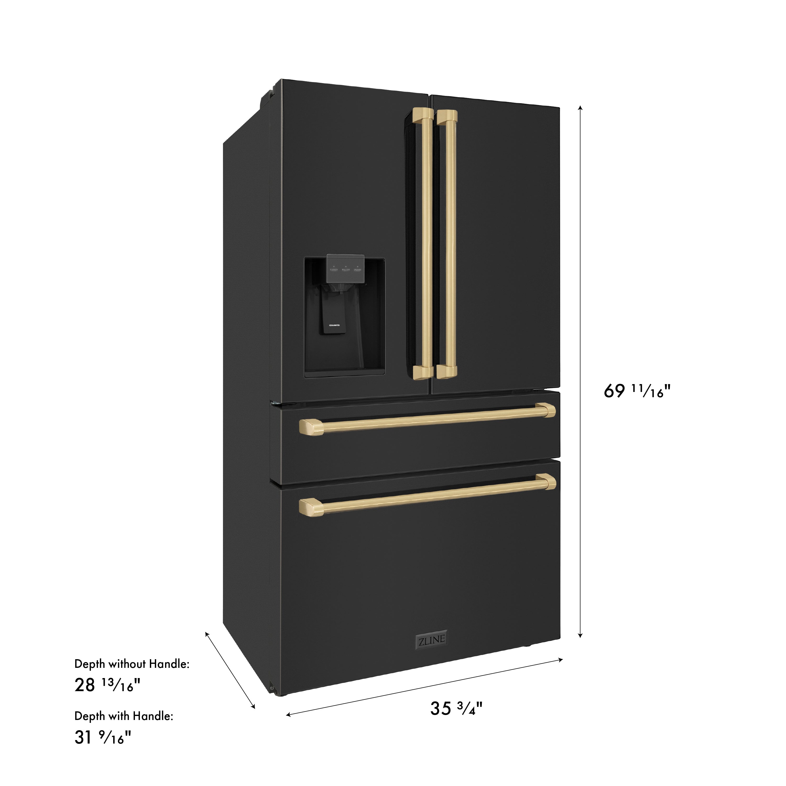 ZLINE Autograph Edition 36 in. 21.6 cu. ft Counter-Depth French Door Refrigerator with Water and Ice Dispenser in Fingerprint-Resistant Black Stainless Steel with Champagne Bronze Traditional Handles (RFMZ-W-36-BS-CB)