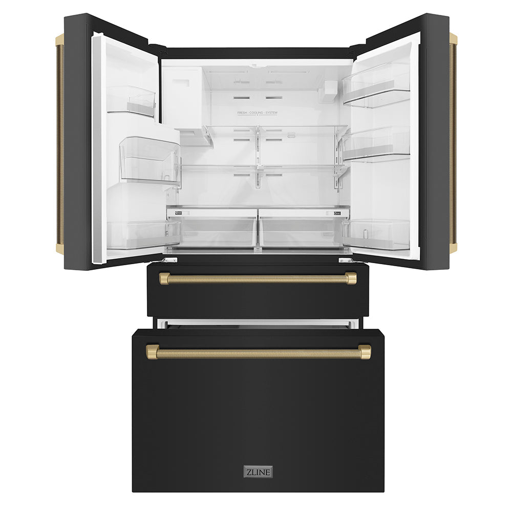 ZLINE Autograph Edition 36 in. 21.6 cu. ft. Counter-Depth French Door Refrigerator with Water and Ice Dispenser in Fingerprint-Resistant Black Stainless Steel with Champagne Bronze Helix Handles (RFMZ-W36-BS-KCB)