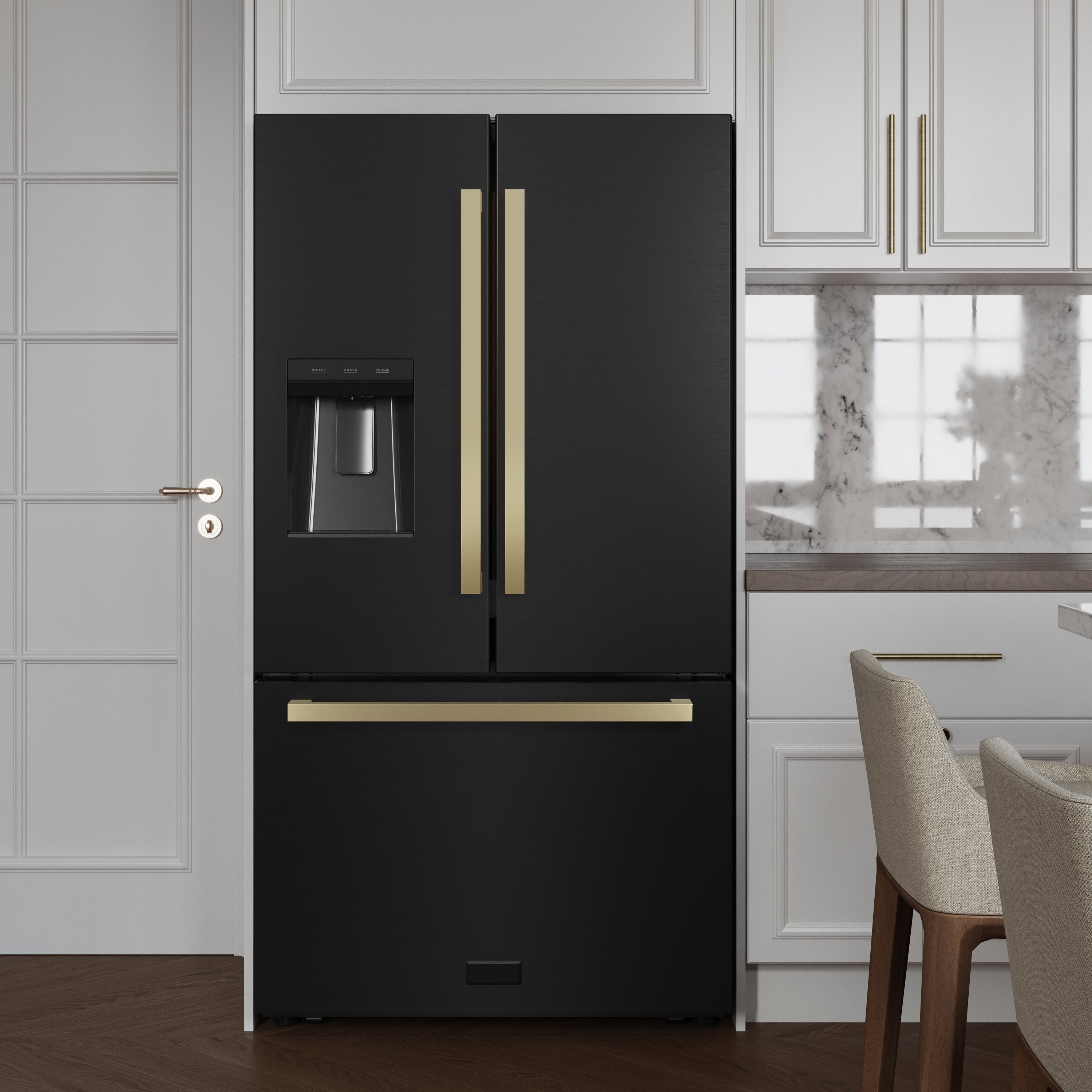 ZLINE Autograph Edition 36 in. 28.9 cu. ft. Standard-Depth French Door External Water Dispenser Refrigerator with Dual Ice Maker in Black Stainless Steel and Champagne Bronze Square Handles (RSMZ-W-36-BS-FCB)