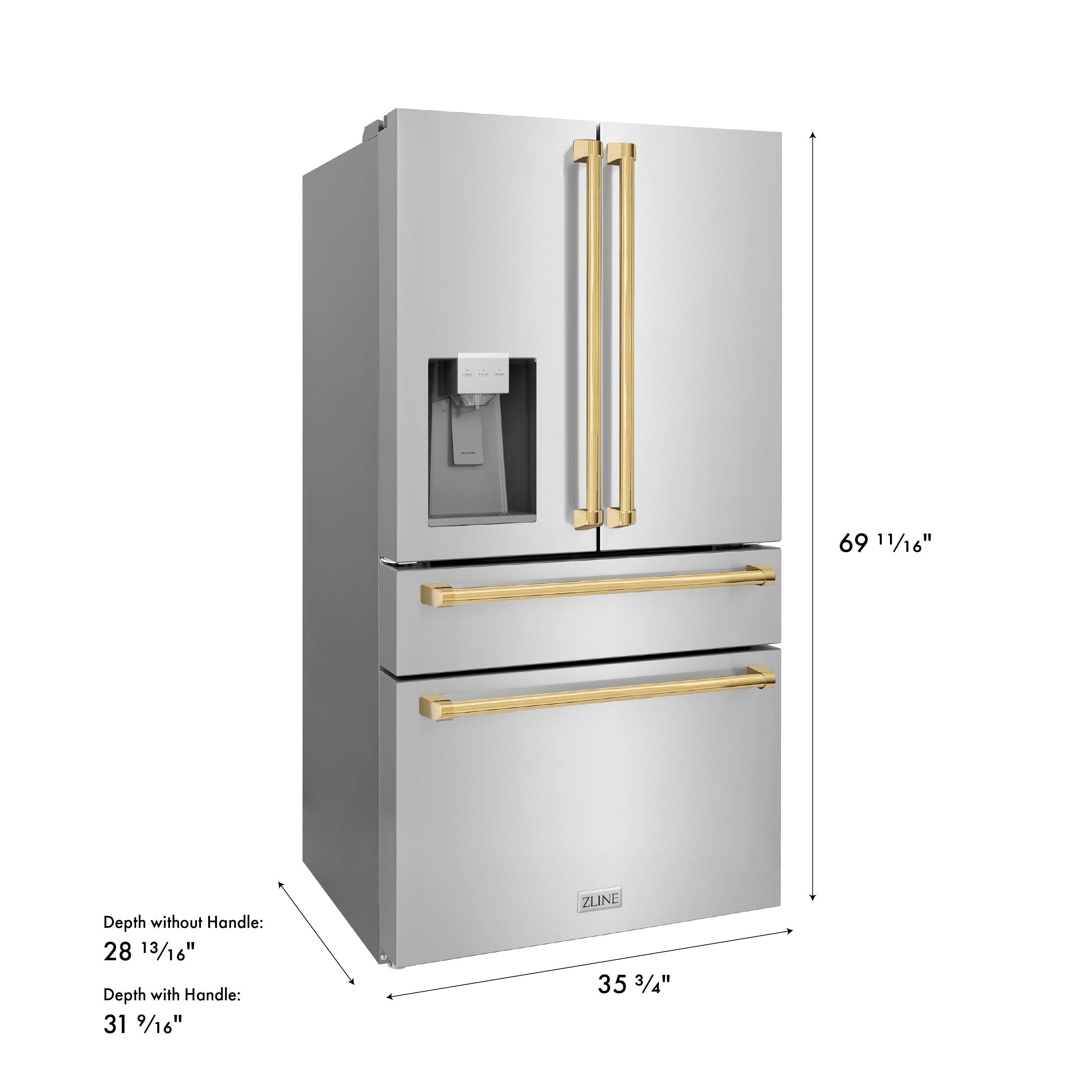 ZLINE Autograph Edition 36 in. 21.6 cu. ft. Counter-Depth French Door Refrigerator with Water and Ice Dispenser in Fingerprint-Resistant Stainless Steel with Polished Gold Traditional Handles (RFMZ-W-36-G)