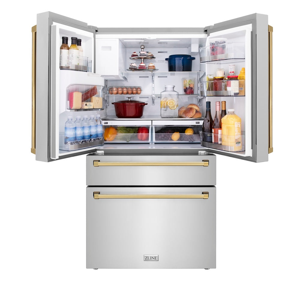 ZLINE Autograph Edition 36 in. 21.6 cu. ft. Counter-Depth French Door Refrigerator with Water and Ice Dispenser in Fingerprint-Resistant Stainless Steel with Polished Gold Traditional Handles (RFMZ-W-36-G)