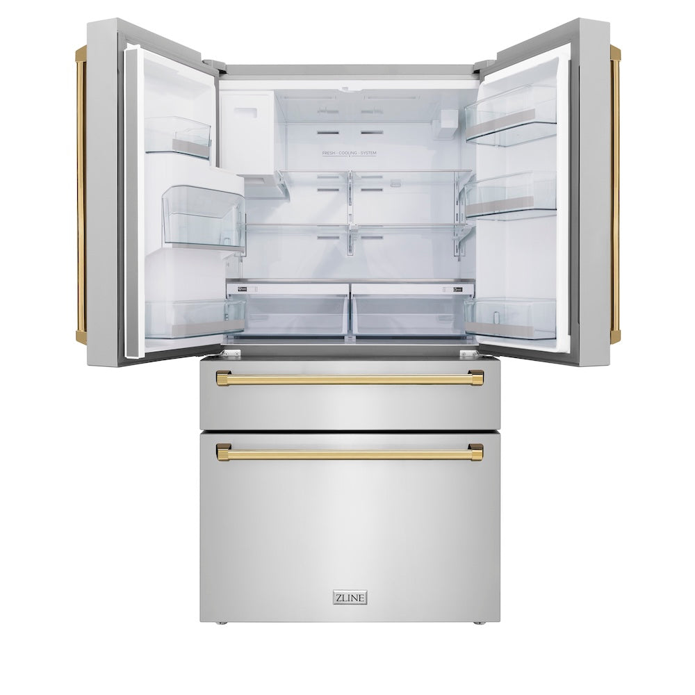 ZLINE Autograph Edition 36 in. 21.6 cu. ft. Counter-Depth French Door Refrigerator with Water and Ice Dispenser in Fingerprint-Resistant Stainless Steel with Polished Gold Traditional Handles (RFMZ-W-36-G)