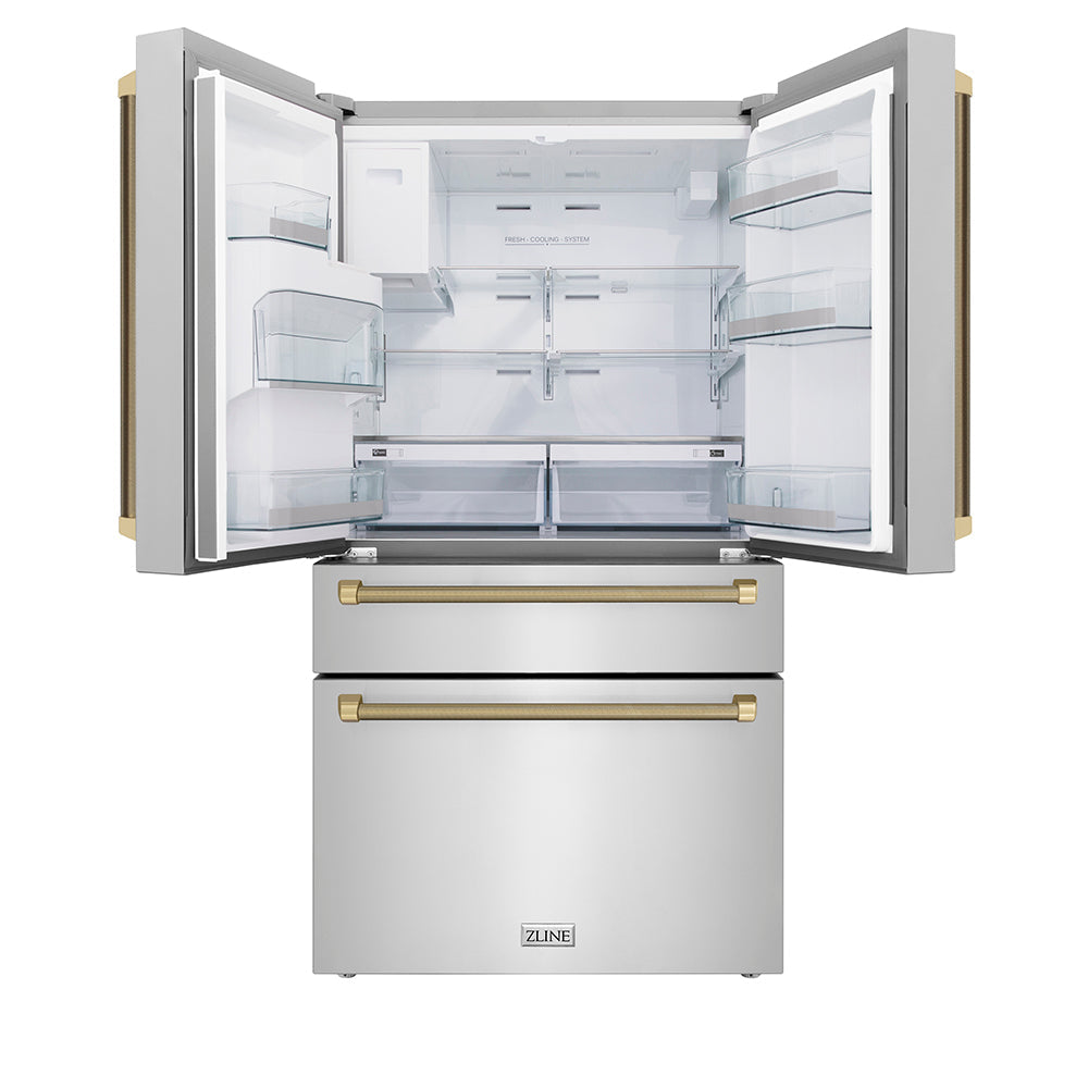 ZLINE Autograph Edition 36 in. 21.6 cu. ft. Counter-Depth French Door Refrigerator with Water and Ice Dispenser in Fingerprint-Resistant Stainless Steel with Champagne Bronze Helix Handles (RFMZ-W-36-KCB)