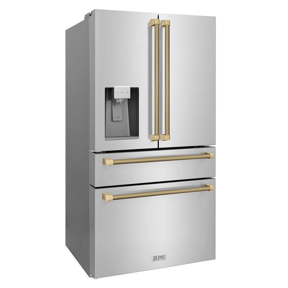 ZLINE Autograph Edition 36 in. 21.6 cu. ft. Counter-Depth French Door Refrigerator with Water and Ice Dispenser in Fingerprint-Resistant Stainless Steel with Champagne Bronze Helix Handles (RFMZ-W-36-KCB)