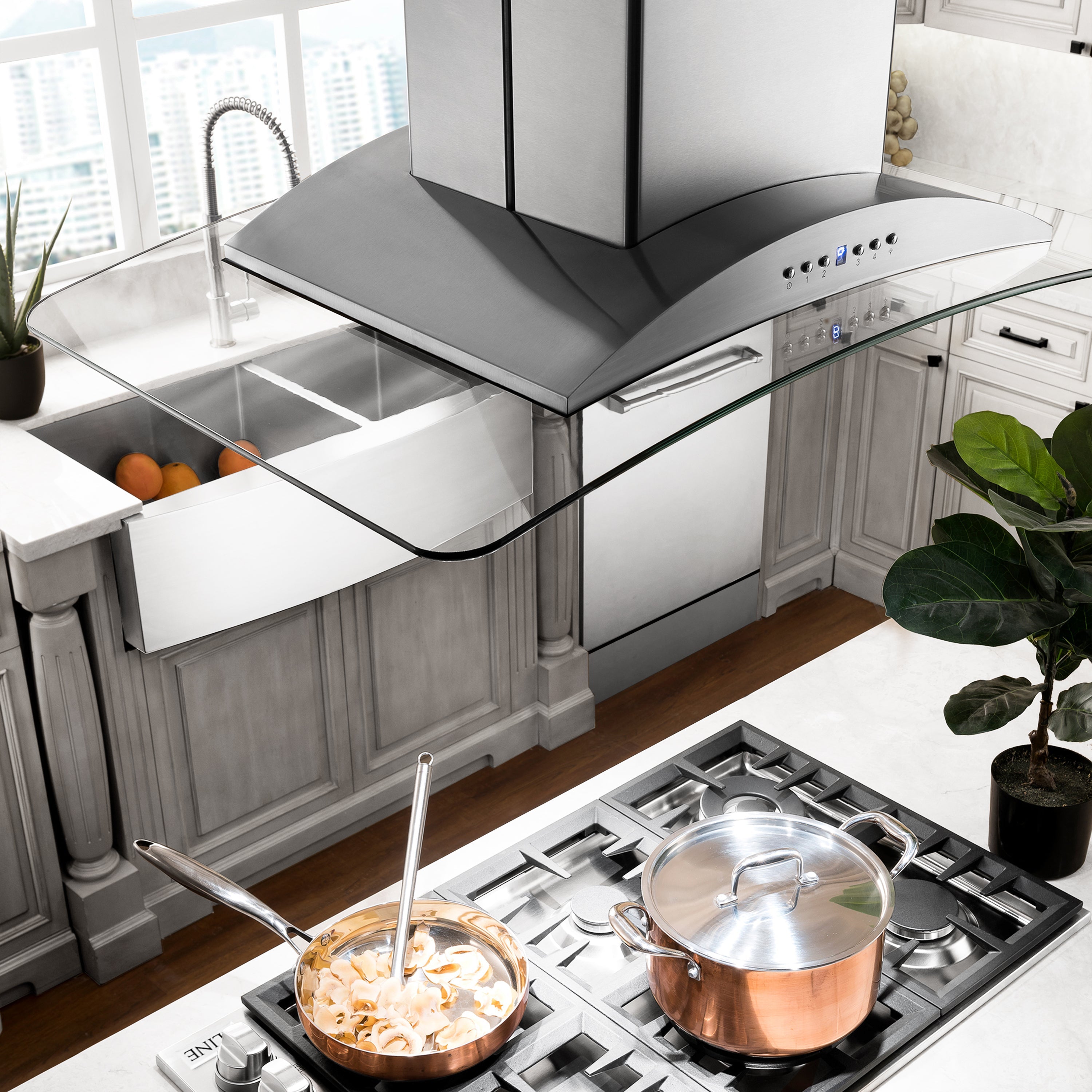 36" ZLINE CrownSoundâ¢Ducted Vent Island Mount Range Hood in Stainless Steel with Built-in Bluetooth Speakers (GL9iCRN-BT-36)