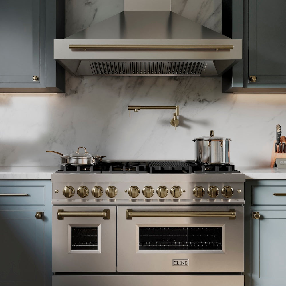 ZLINE Autograph Edition 48 in. 6.0 cu. ft. Legacy Dual Fuel Range with 7 Burner Gas Cooktop and 2 Electric Ovens in Stainless Steel and Champagne Bronze Accents (RAZ-48-CB)