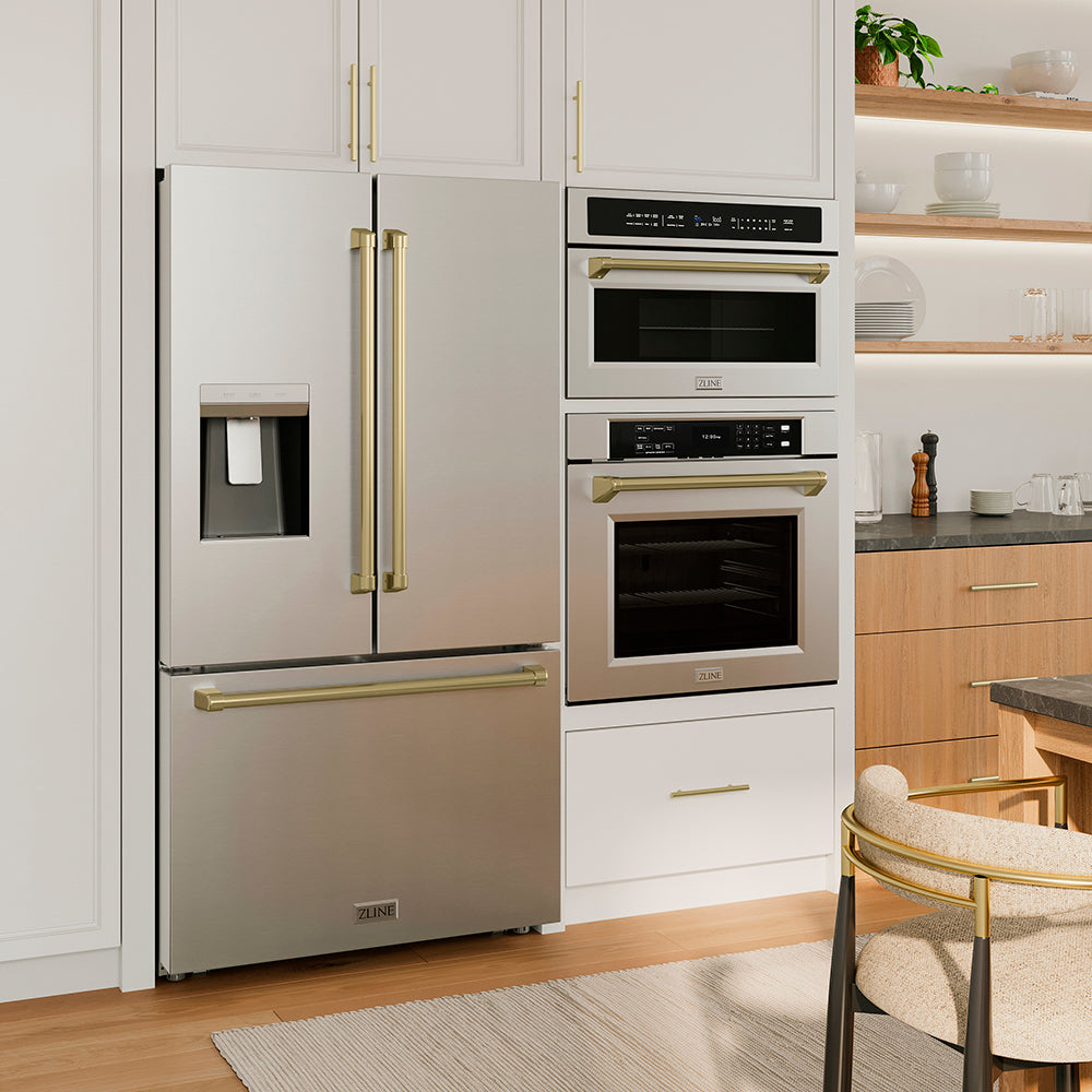 ZLINE Autograph Edition 36 in. 28.9 cu. ft. Standard-Depth French Door External Water Dispenser Refrigerator with Dual Ice Maker in Fingerprint-Resistant Stainless Steel and Champagne Bronze Traditional Handles (RSMZ-W-36-CB)