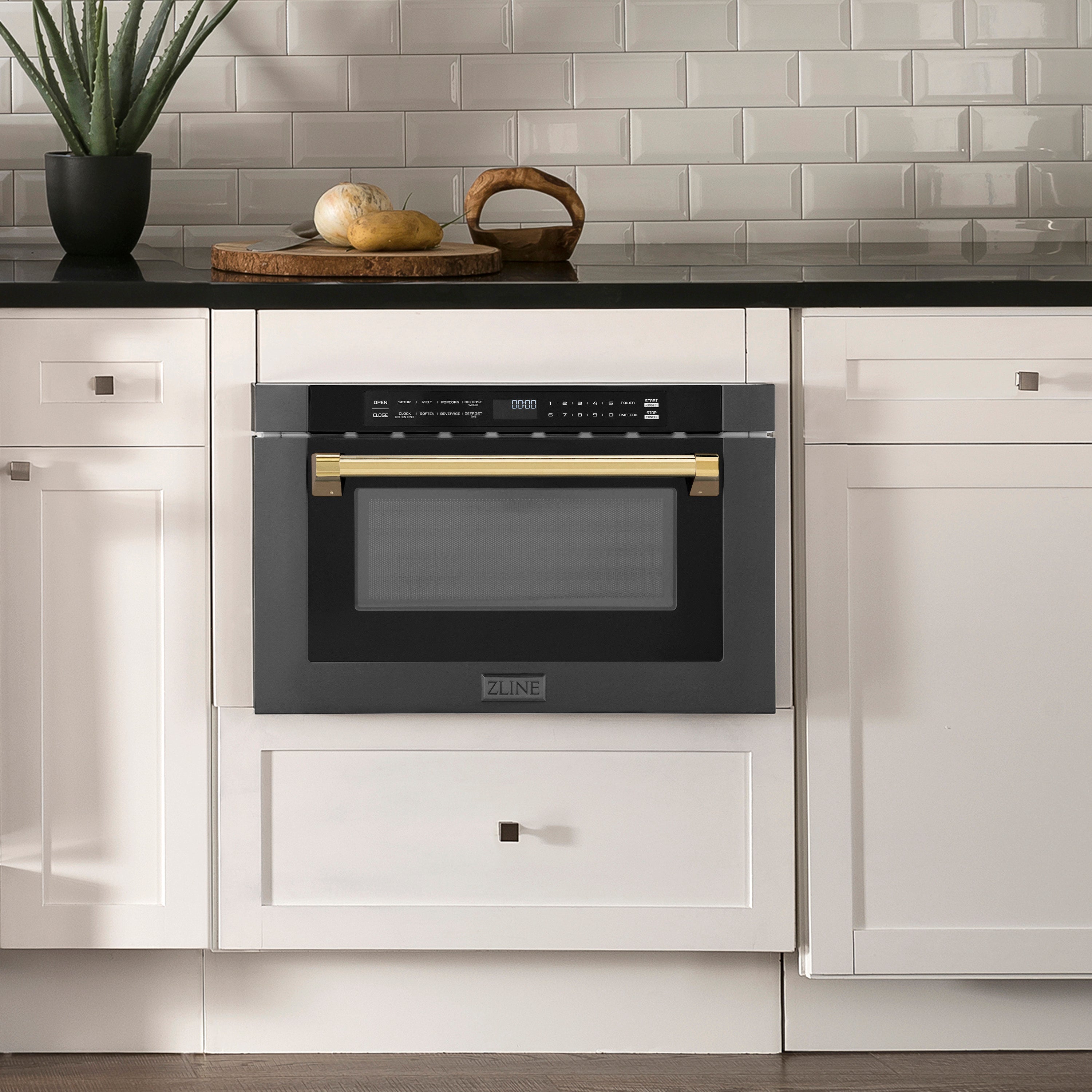 ZLINE Autograph Edition 24" 1.2 cu. ft. Built-in Microwave Drawer in Black Stainless Steel and Polished Gold Accents