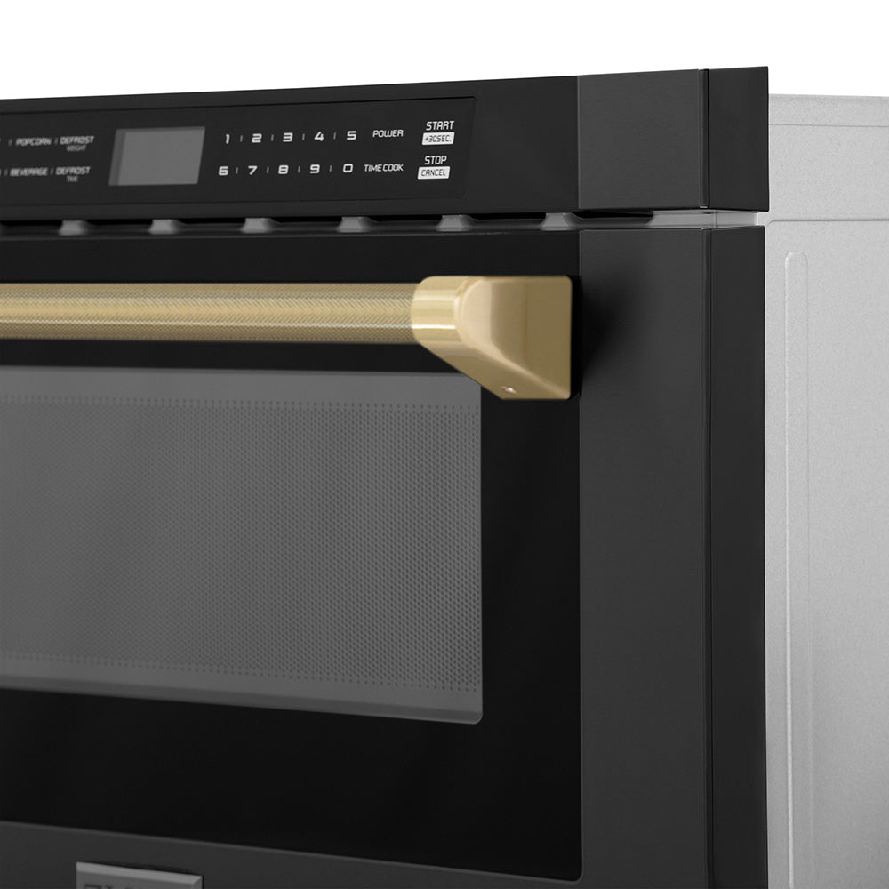 ZLINE Autograph Edition 24 in. 1.2 cu. ft. Built-in Microwave Drawer in Black Stainless Steel and Champagne Bronze Helix Handle (MWDZ-1-BS-H-KCB)