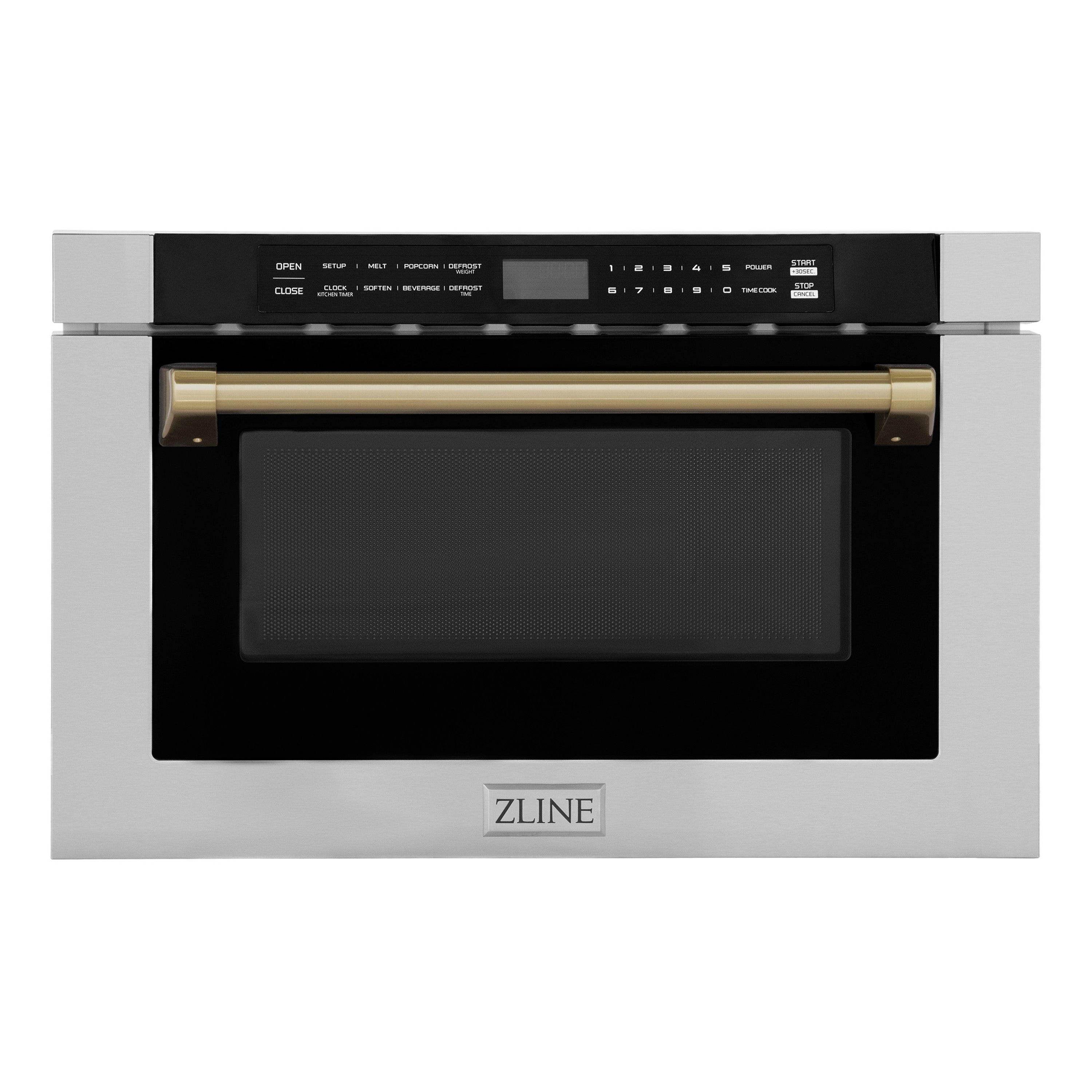 ZLINE Autograph Edition 24" 1.2 cu. ft. Built-in Microwave Drawer with a Traditional Handle in Stainless Steel and Champagne Bronze Accents