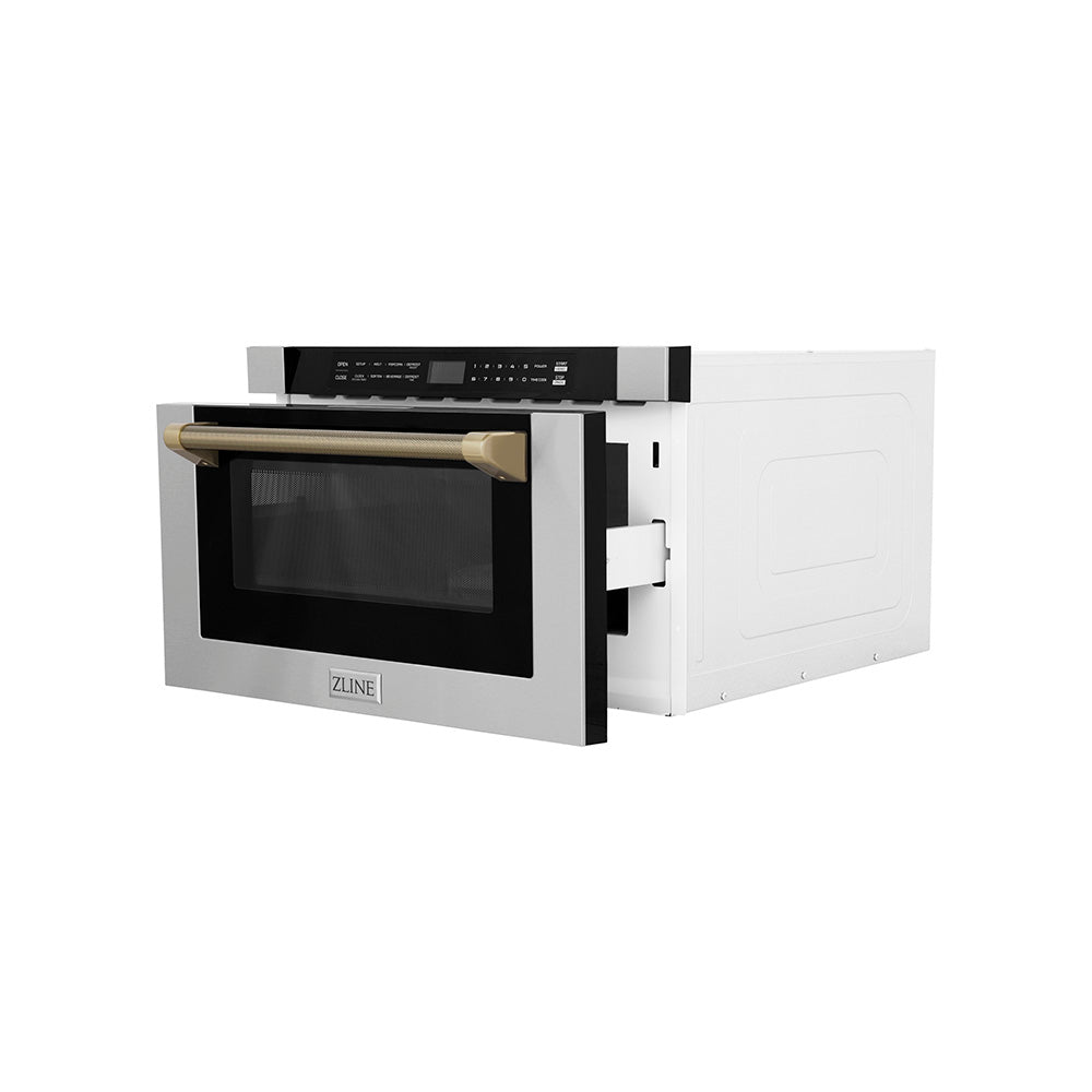 ZLINE Autograph Edition 24 in. 1.2 cu. ft. Built-in Microwave Drawer in Stainless Steel and Champagne Bronze Helix Handle (MWDZ-1-H-KCB)
