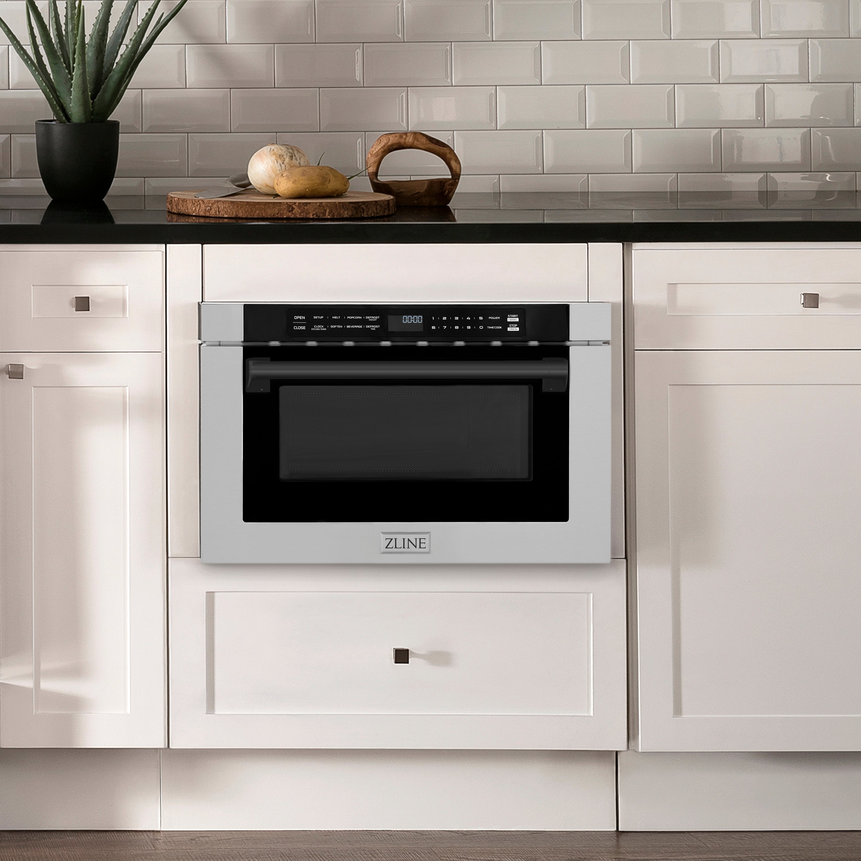 ZLINE Autograph Edition 24" 1.2 cu. ft. Built-in Microwave Drawer with a Traditional Handle in Stainless Steel and Matte Black Accents