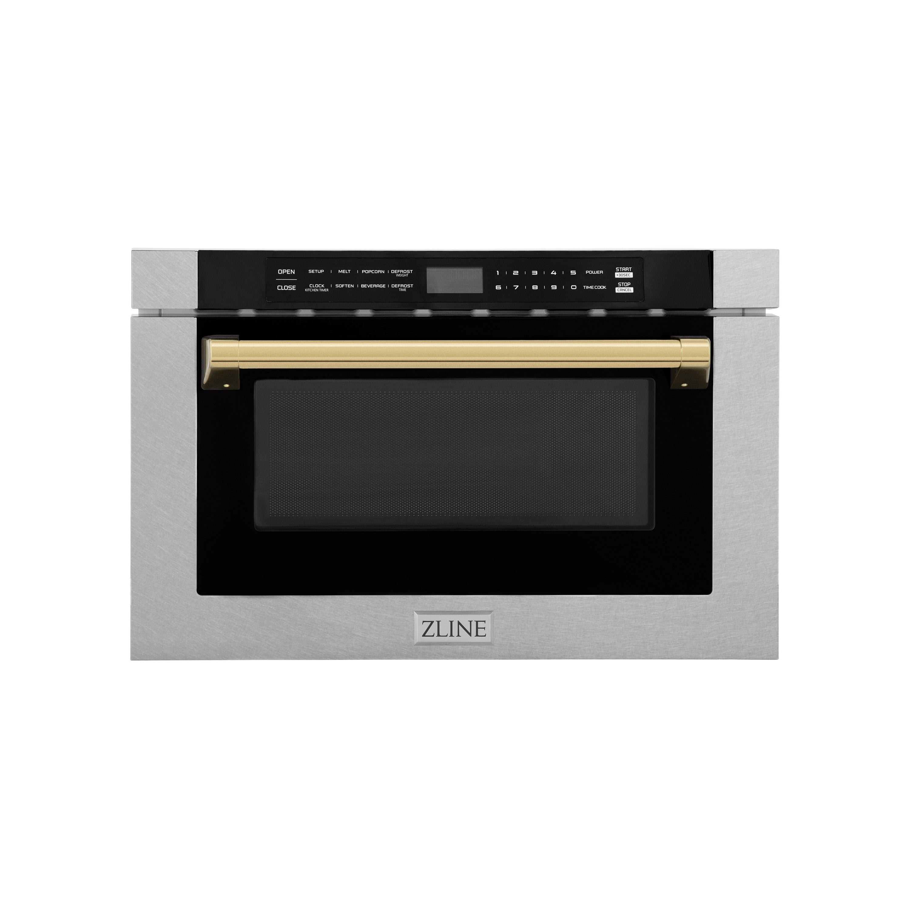ZLINE Autograph Edition 24" 1.2 cu. ft. Built-in Microwave Drawer with a Traditional Handle in Fingerprint Resistant Stainless Steel and Gold Accents