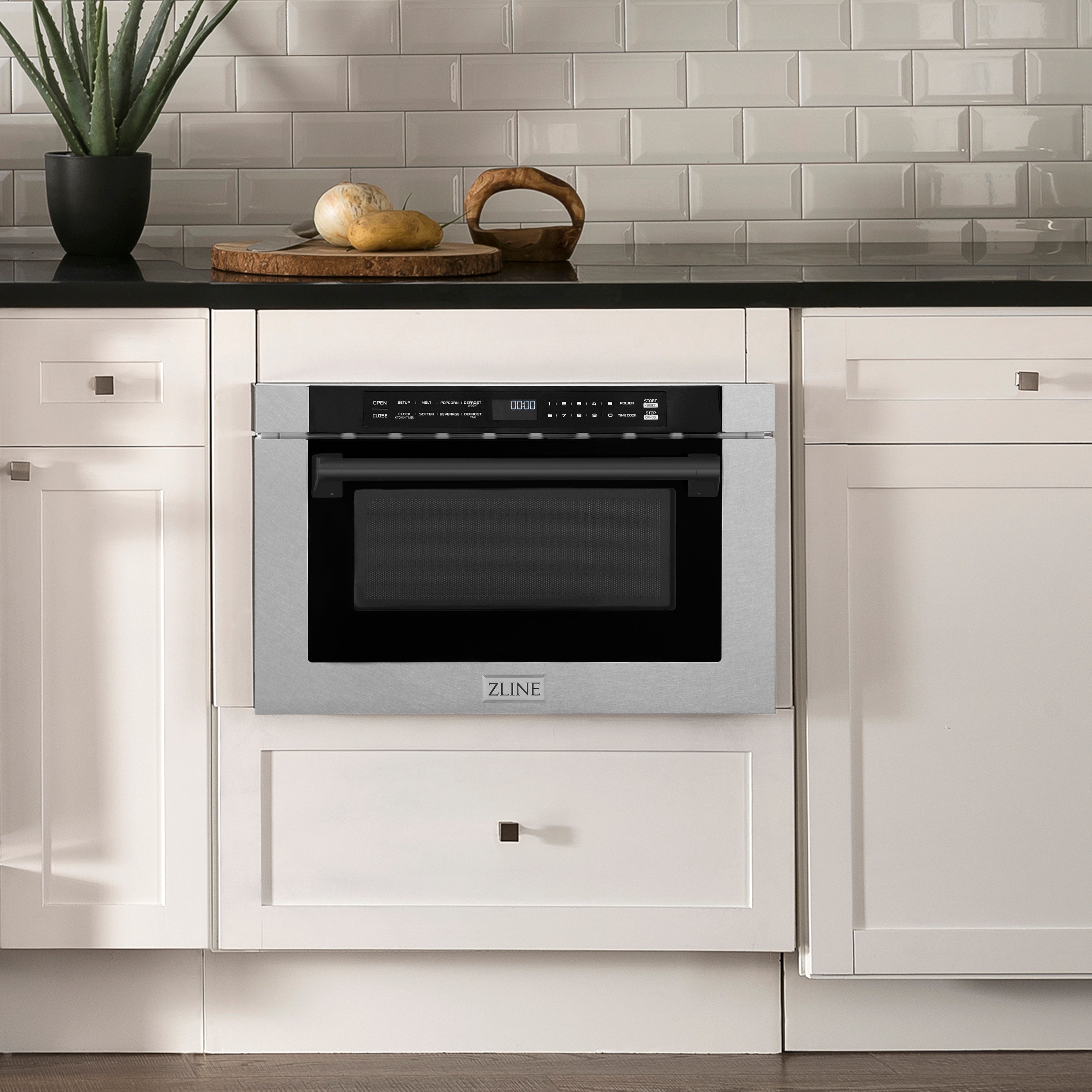 ZLINE Autograph Edition 24" 1.2 cu. ft. Built-in Microwave Drawer with a Traditional Handle in Fingerprint Resistant Stainless Steel and Matte Black Accents