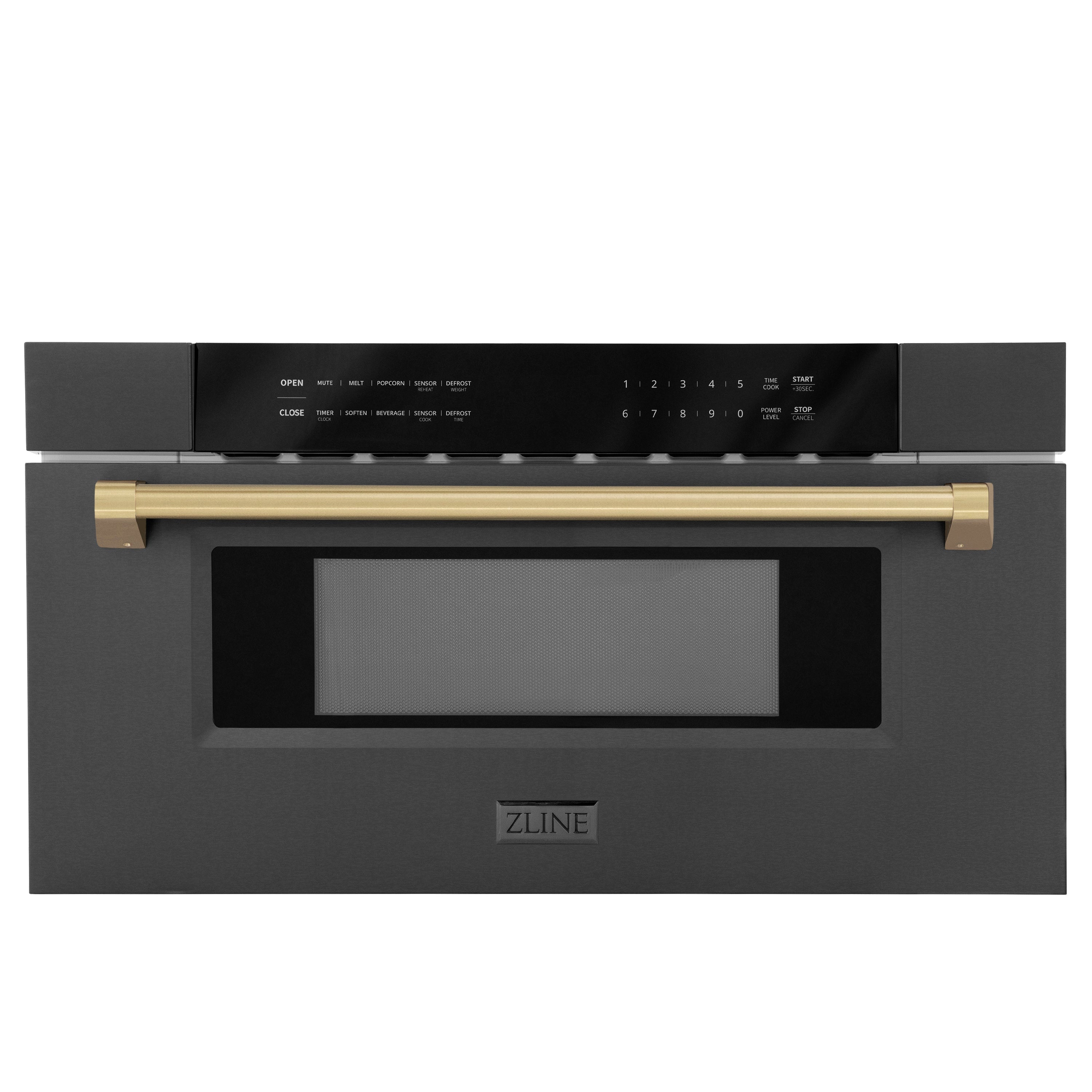 ZLINE Autograph Edition 30" 1.2 cu. ft. Built-in Microwave Drawer in Black Stainless Steel and Champagne Bronze Accents