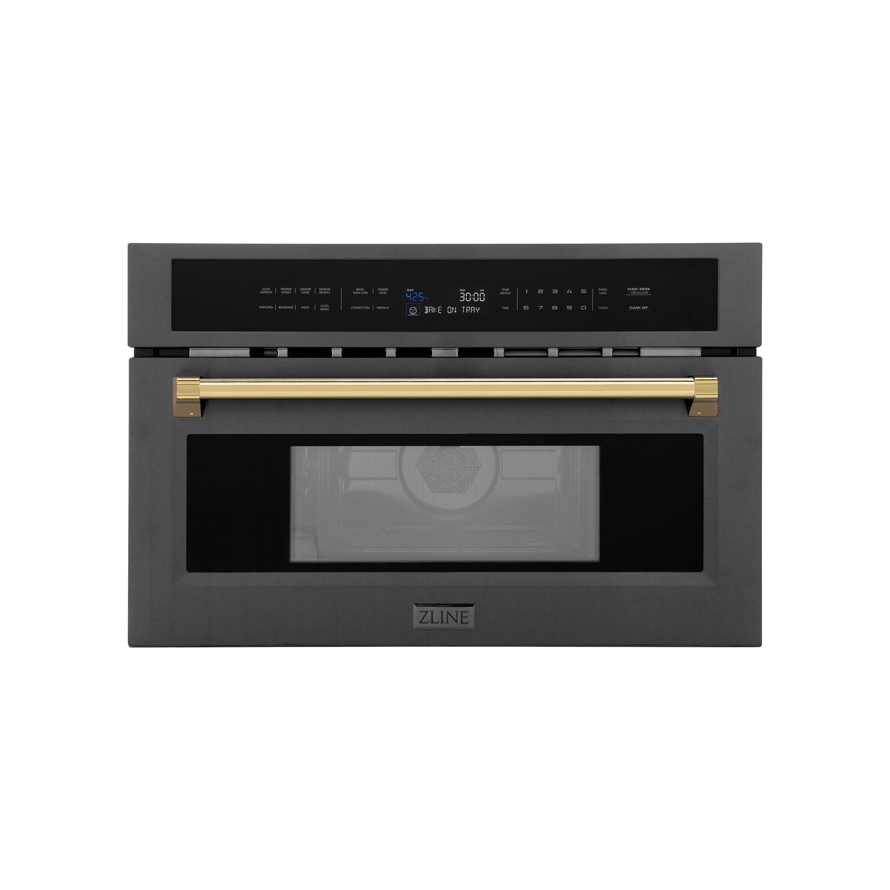 ZLINE Autograph Edition 30” 1.6 cu ft. Built-in Convection Microwave Oven in Black Stainless Steel and Polished Gold Accents (MWOZ-30-BS-G)