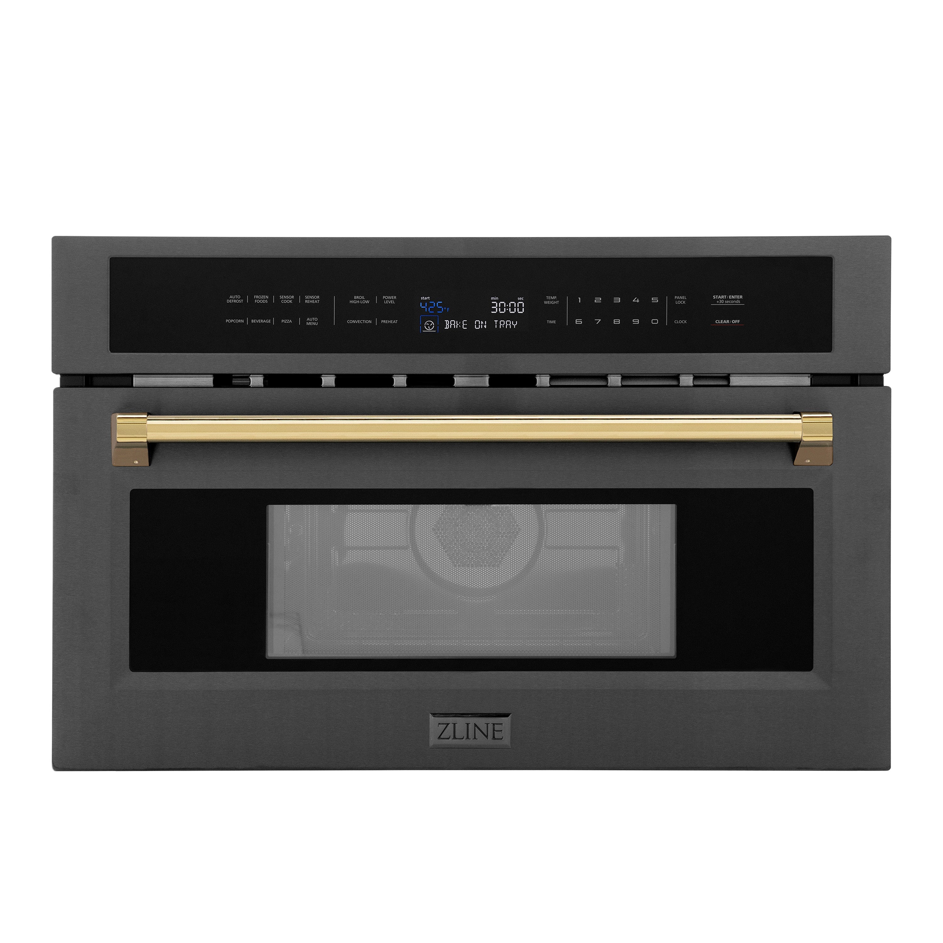 ZLINE Autograph Edition 30” 1.6 cu ft. Built-in Convection Microwave Oven in Black Stainless Steel and Polished Gold Accents (MWOZ-30-BS-G)