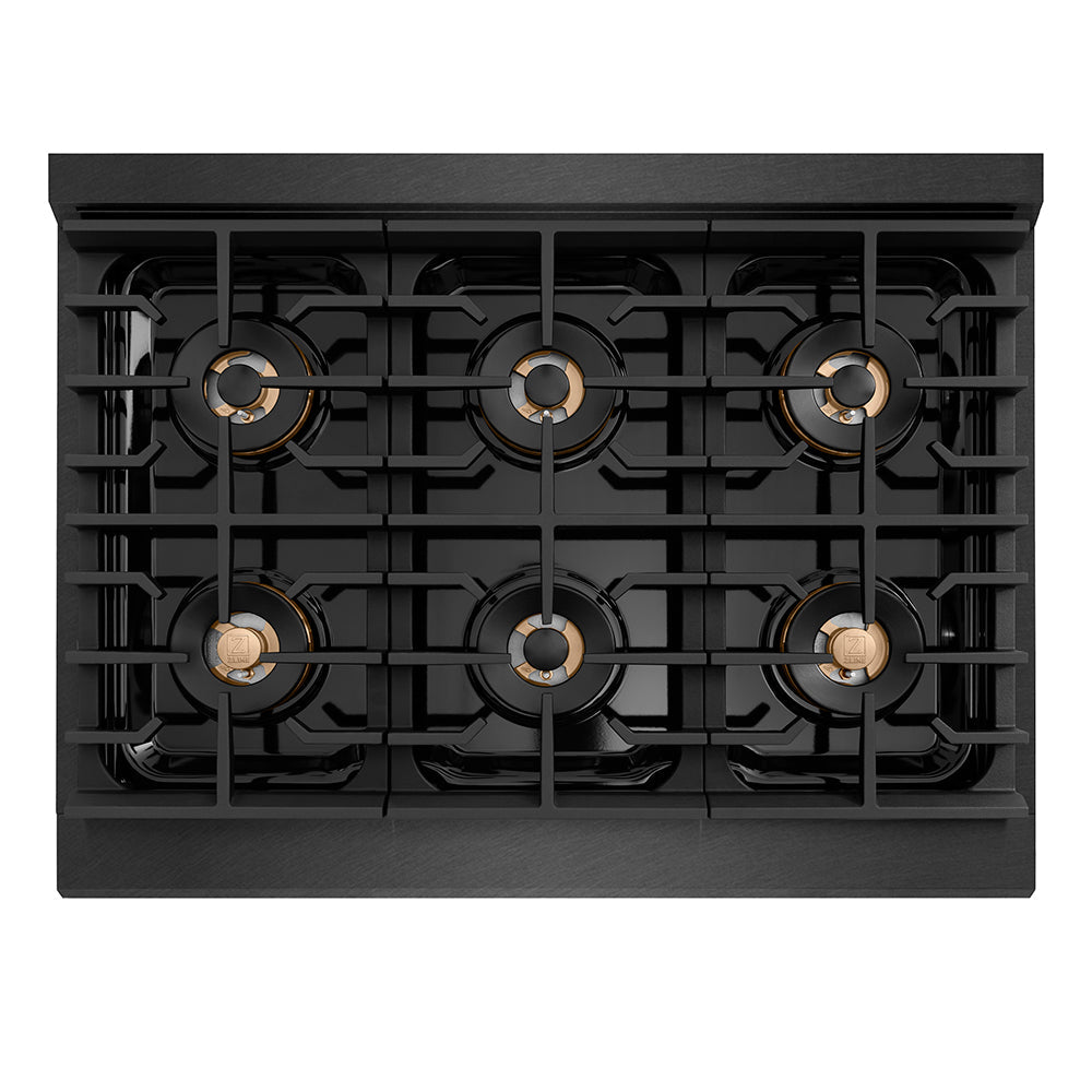 ZLINE Designer Collection 36 in. 5.2 cu. ft. Paramount Dual Fuel Range with 6 Burner Gas Cooktop and Electric Convection Oven in Black Satin Stainless Steel with Matte Black and Champagne Bronze Accents (SDRBSZ-36-MBCB)